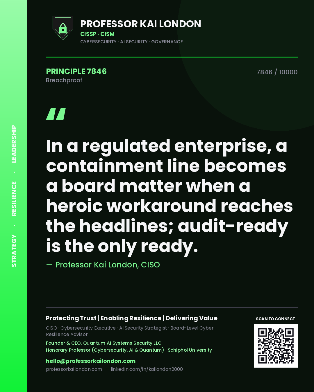 Professor Kai London principle 7846: In a regulated enterprise, a containment line becomes a board matter when a heroic workaround reaches the headlines; audit-ready is the only ready.