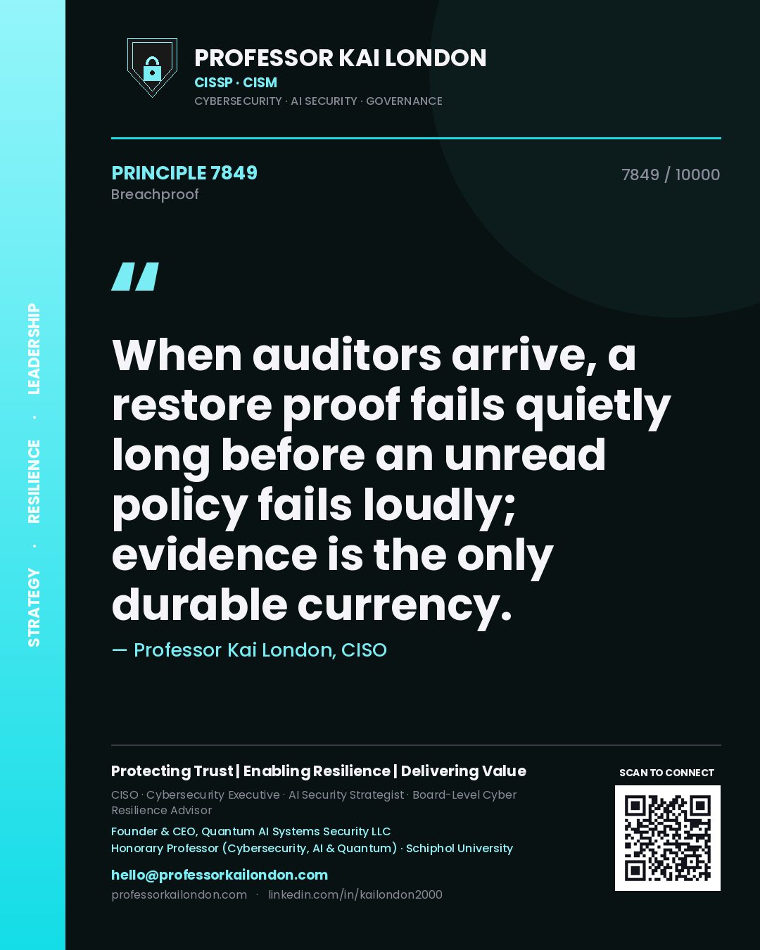 Professor Kai London principle 7849: When auditors arrive, a restore proof fails quietly long before an unread policy fails loudly; evidence is the only durable currency.