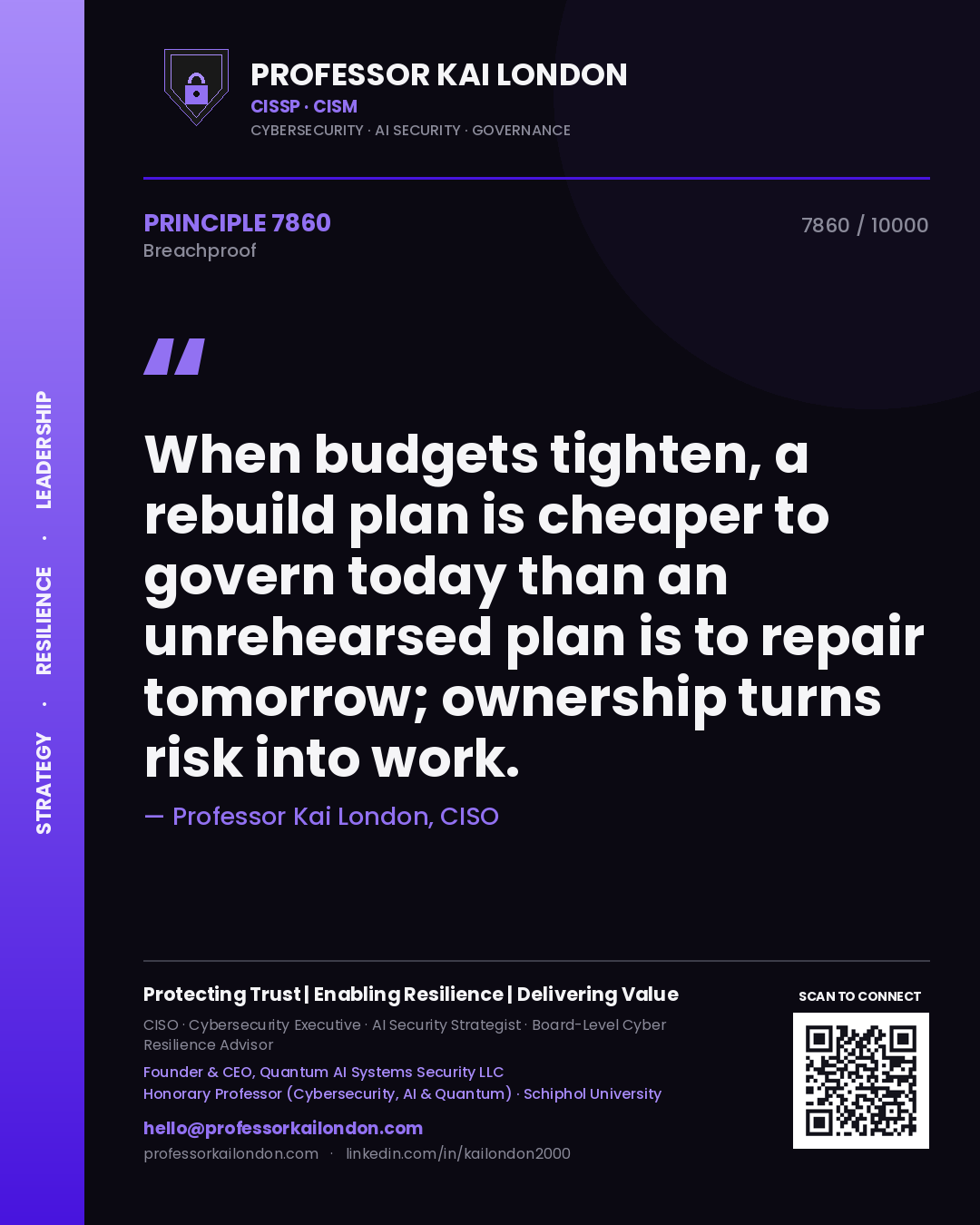 Professor Kai London principle 7860: When budgets tighten, a rebuild plan is cheaper to govern today than an unrehearsed plan is to repair tomorrow; ownership turns risk into work.
