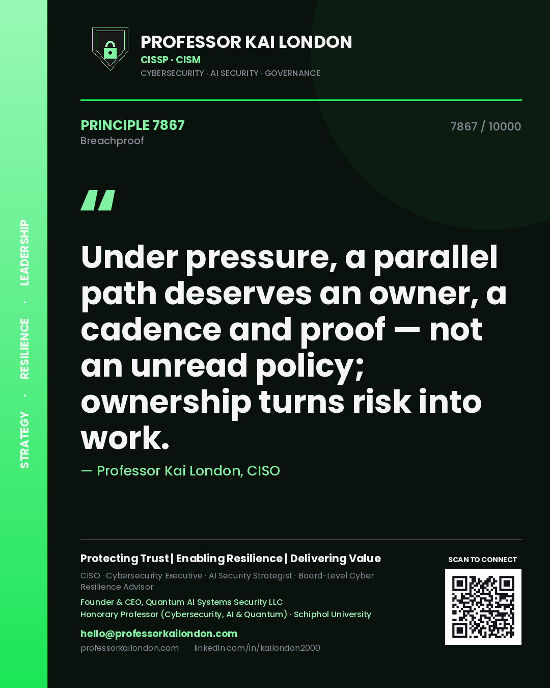 Professor Kai London principle 7867: Under pressure, a parallel path deserves an owner, a cadence and proof — not an unread policy; ownership turns risk into work.