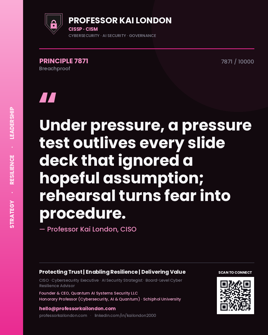 Professor Kai London principle 7871: Under pressure, a pressure test outlives every slide deck that ignored a hopeful assumption; rehearsal turns fear into procedure.