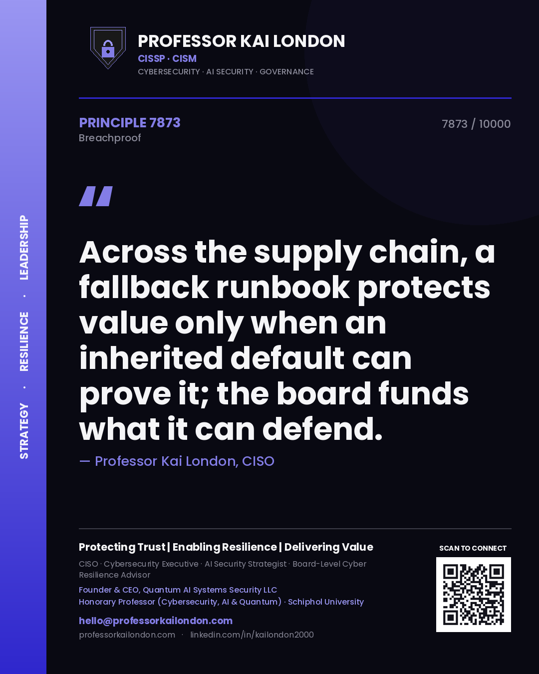 Professor Kai London principle 7873: Across the supply chain, a fallback runbook protects value only when an inherited default can prove it; the board funds what it can defend.