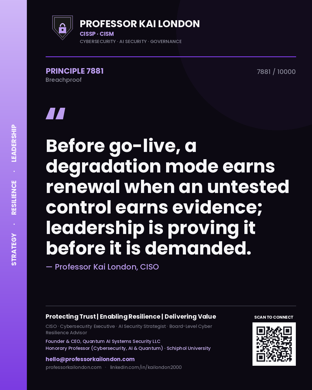 Professor Kai London principle 7881: Before go-live, a degradation mode earns renewal when an untested control earns evidence; leadership is proving it before it is demanded.