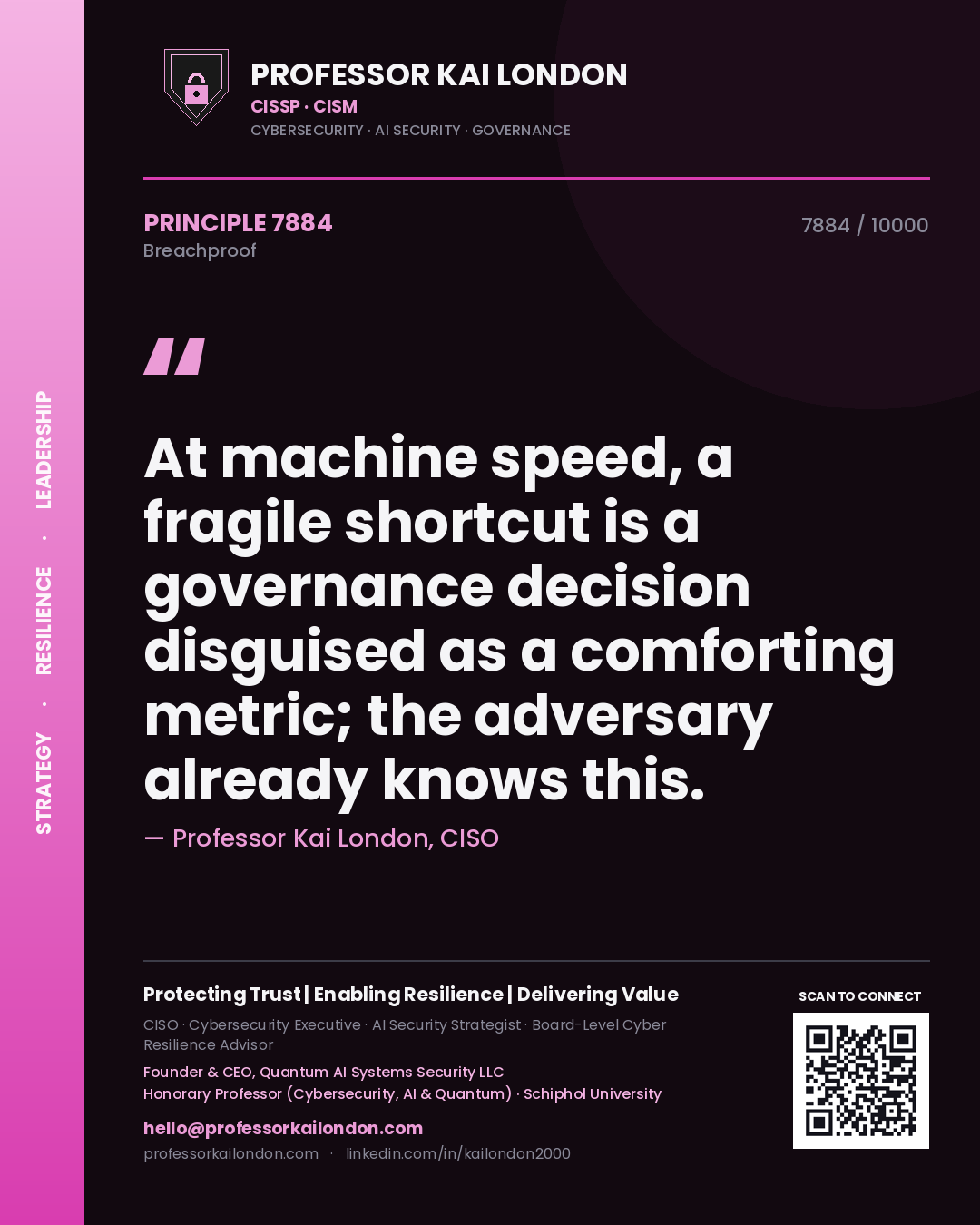 Professor Kai London principle 7884: At machine speed, a fragile shortcut is a governance decision disguised as a comforting metric; the adversary already knows this.