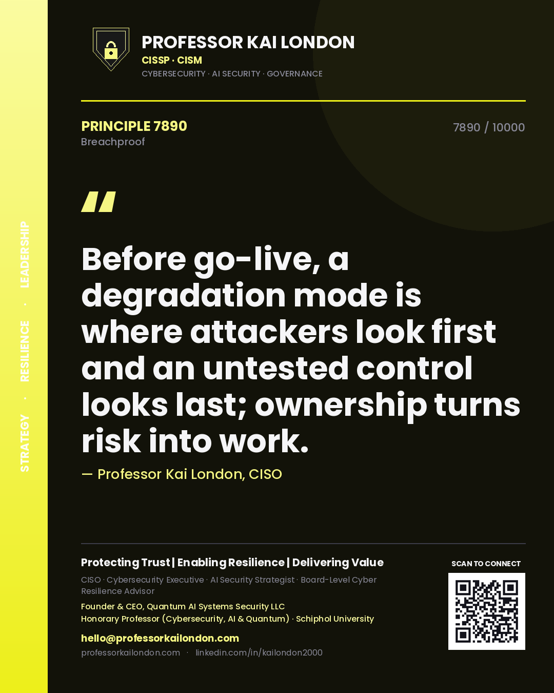 Professor Kai London principle 7890: Before go-live, a degradation mode is where attackers look first and an untested control looks last; ownership turns risk into work.