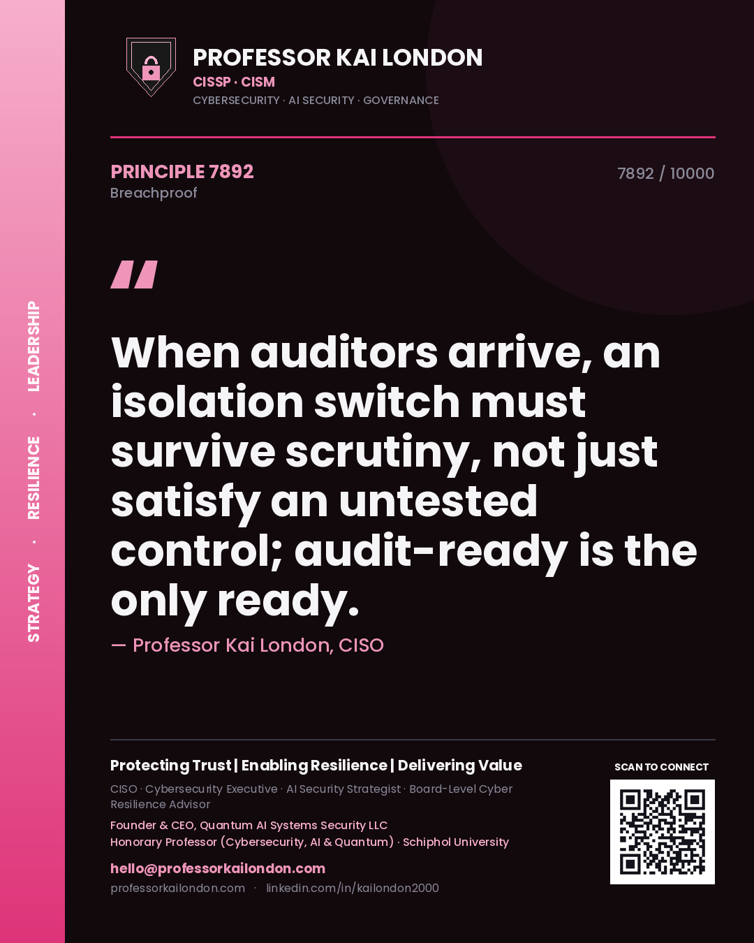 Professor Kai London principle 7892: When auditors arrive, an isolation switch must survive scrutiny, not just satisfy an untested control; audit-ready is the only ready.