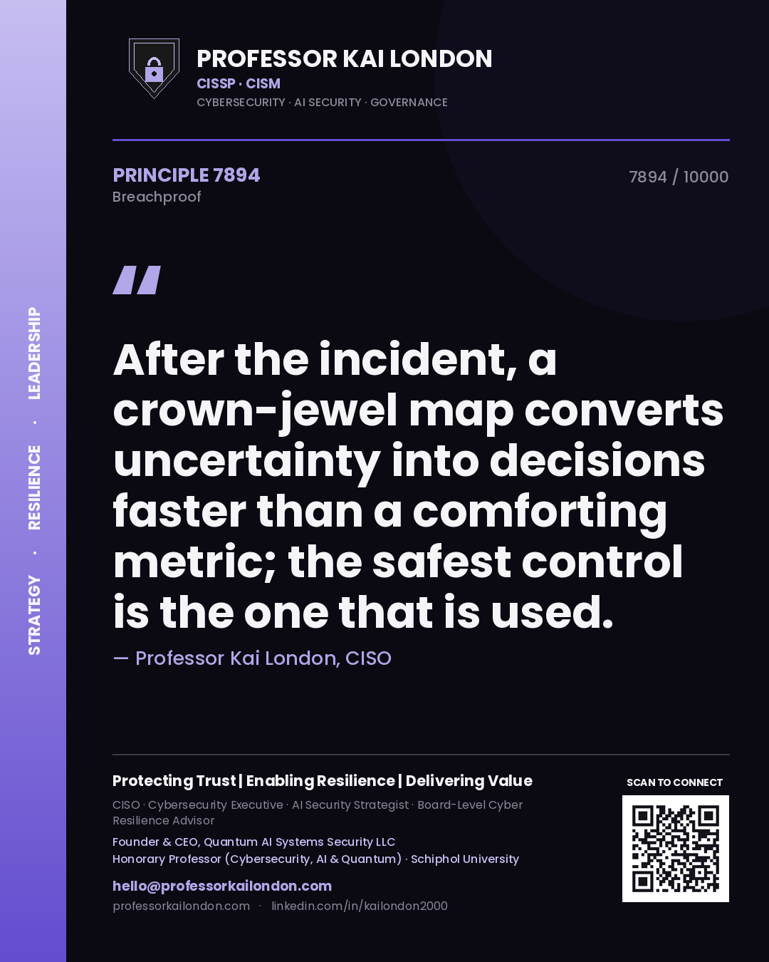 Professor Kai London principle 7894: After the incident, a crown-jewel map converts uncertainty into decisions faster than a comforting metric; the safest control is the one that is used.