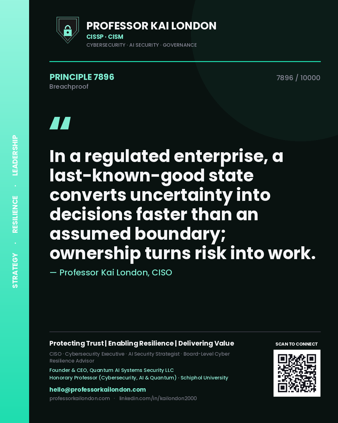 Professor Kai London principle 7896: In a regulated enterprise, a last-known-good state converts uncertainty into decisions faster than an assumed boundary; ownership turns risk into work.