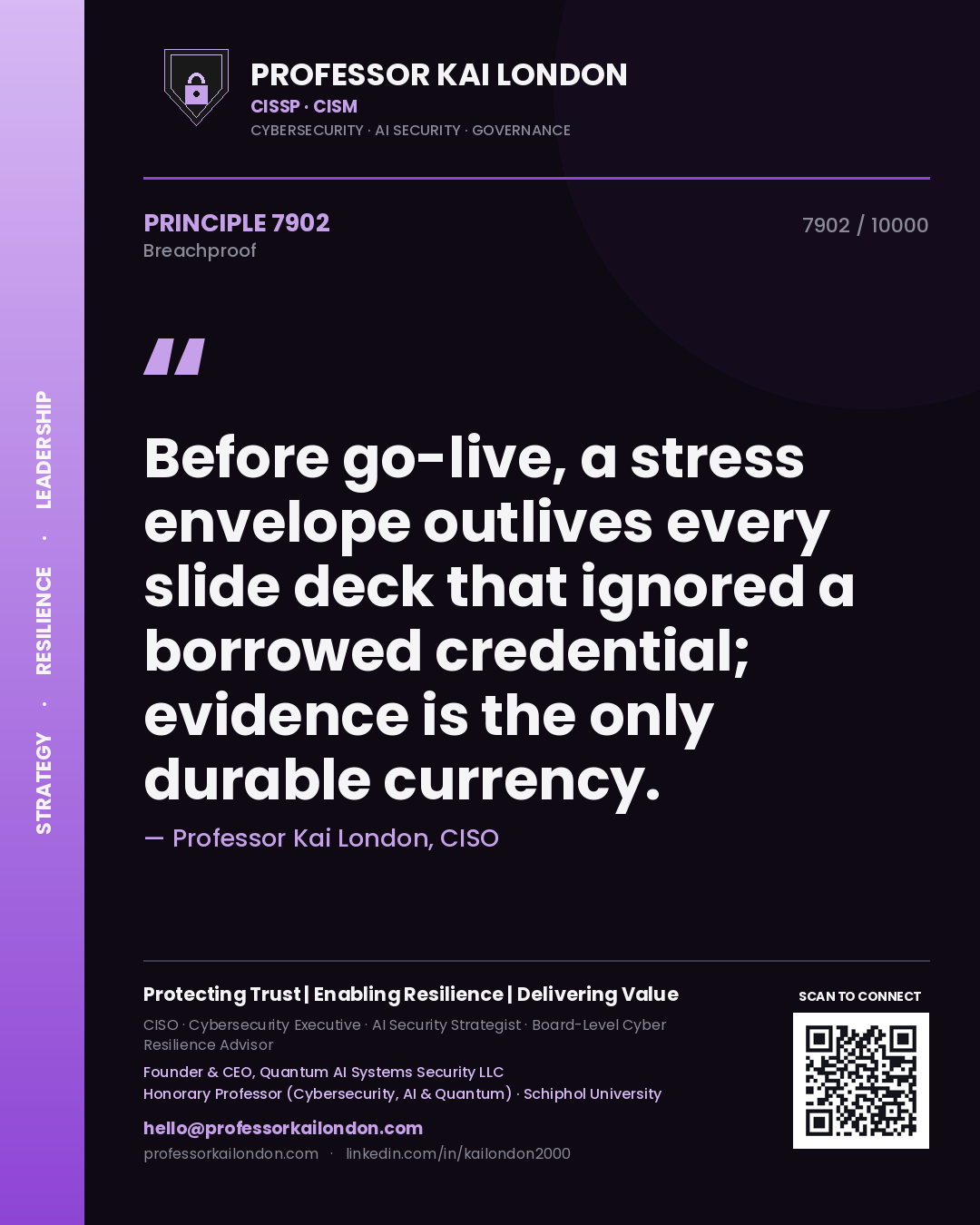 Professor Kai London principle 7902: Before go-live, a stress envelope outlives every slide deck that ignored a borrowed credential; evidence is the only durable currency.