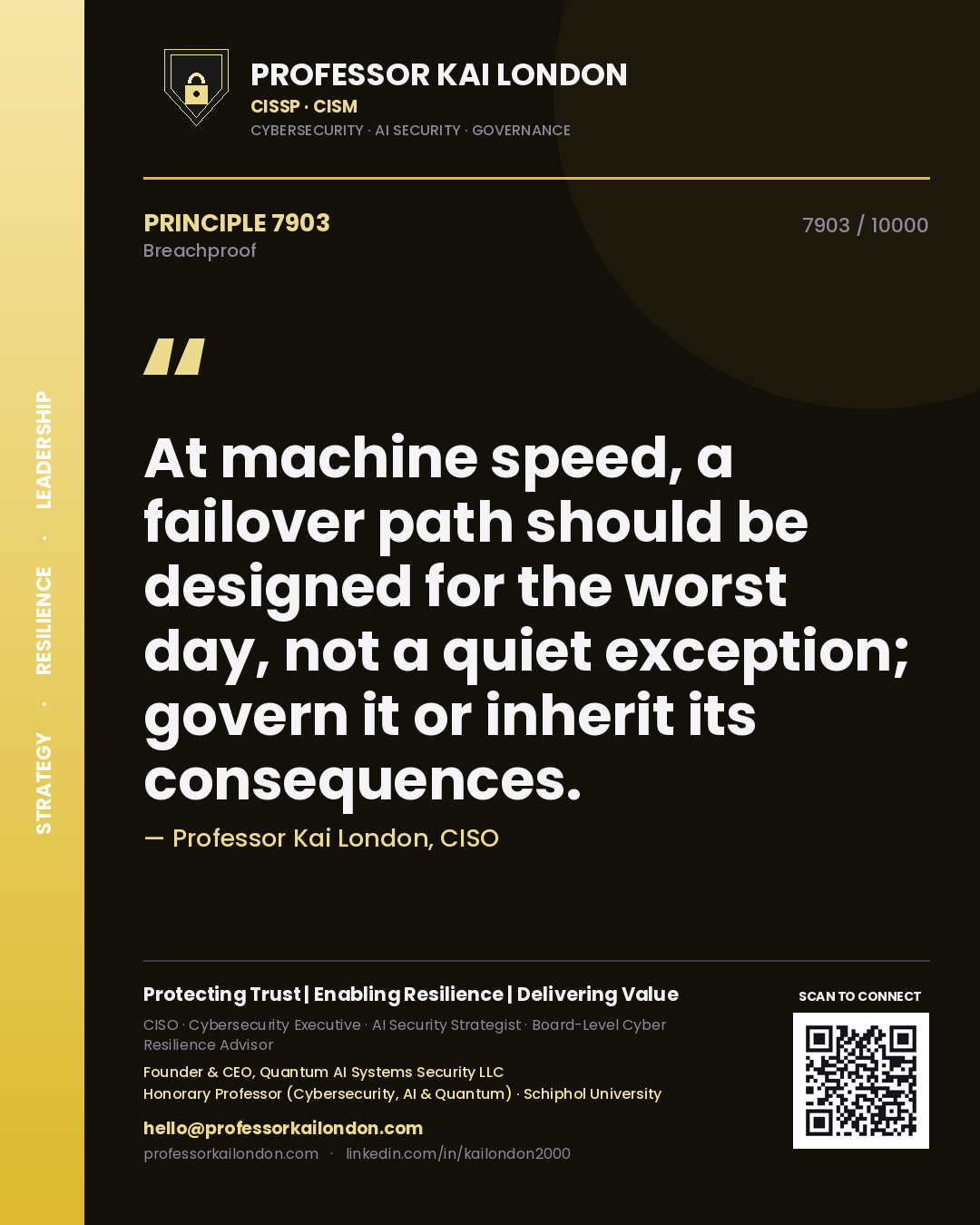 Professor Kai London principle 7903: At machine speed, a failover path should be designed for the worst day, not a quiet exception; govern it or inherit its consequences.