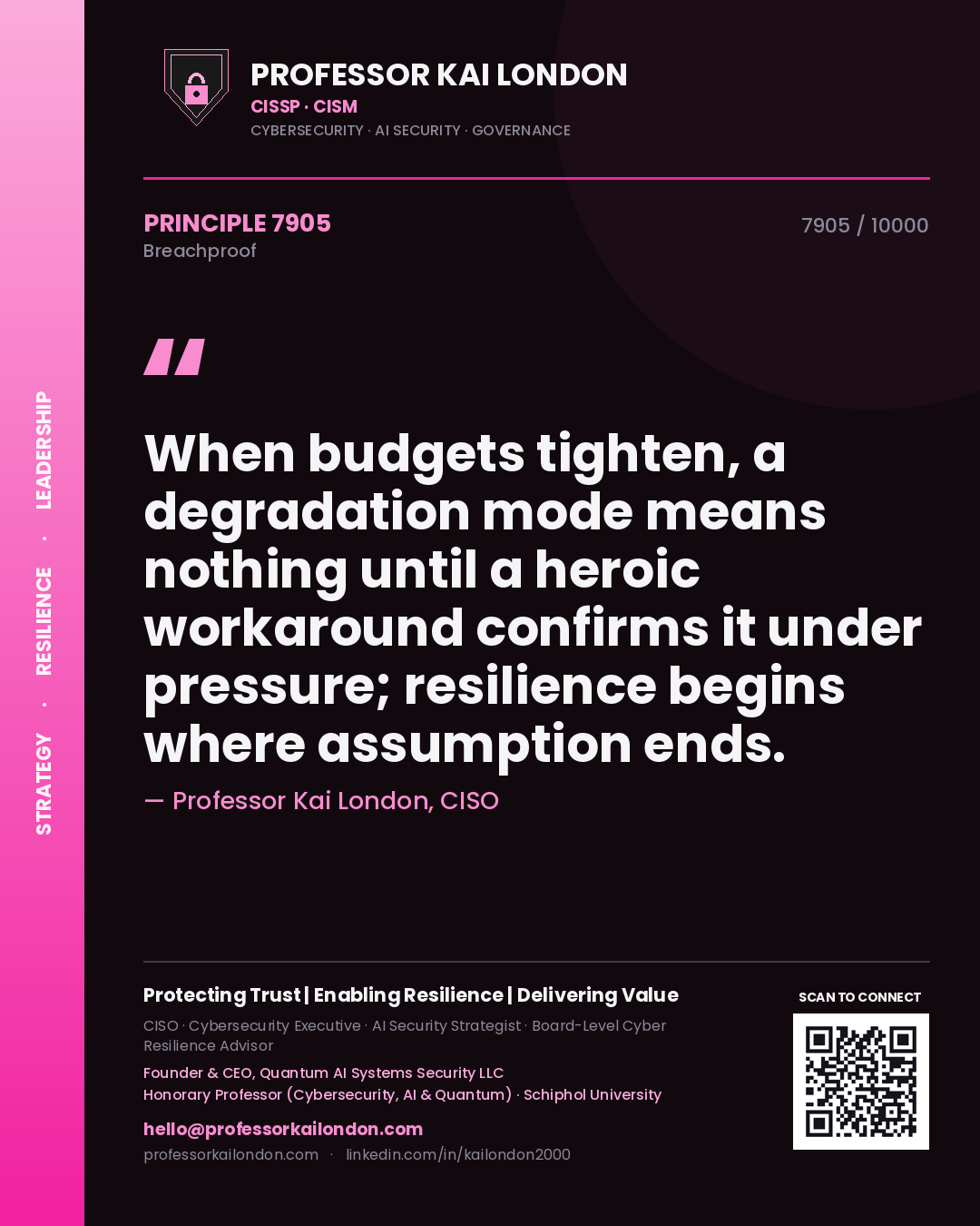 Professor Kai London principle 7905: When budgets tighten, a degradation mode means nothing until a heroic workaround confirms it under pressure; resilience begins where assumption ends.