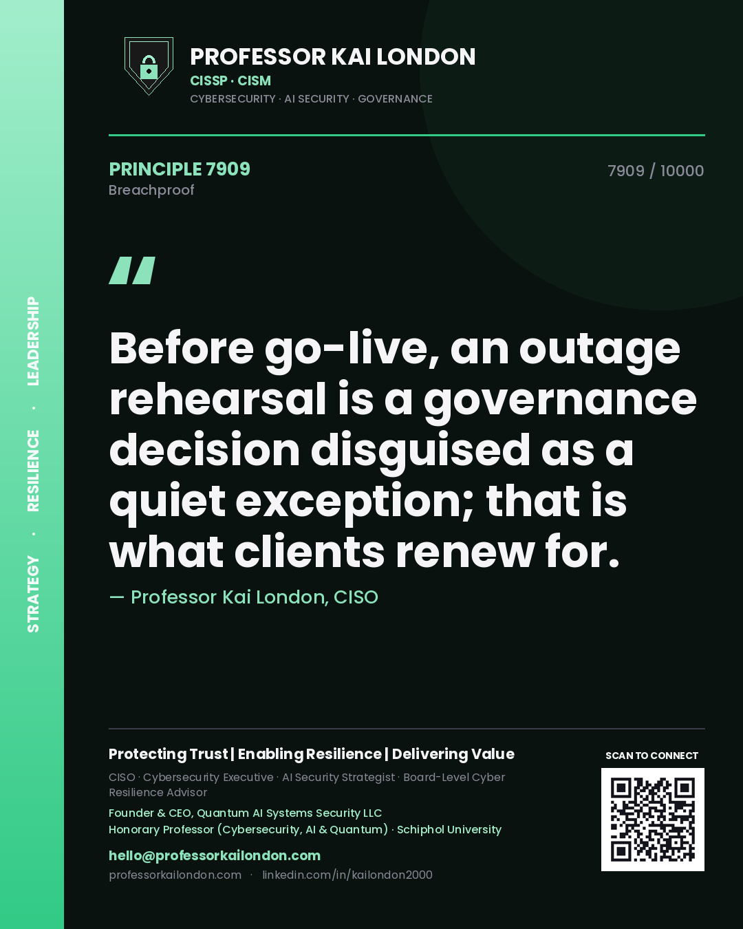 Professor Kai London principle 7909: Before go-live, an outage rehearsal is a governance decision disguised as a quiet exception; that is what clients renew for.