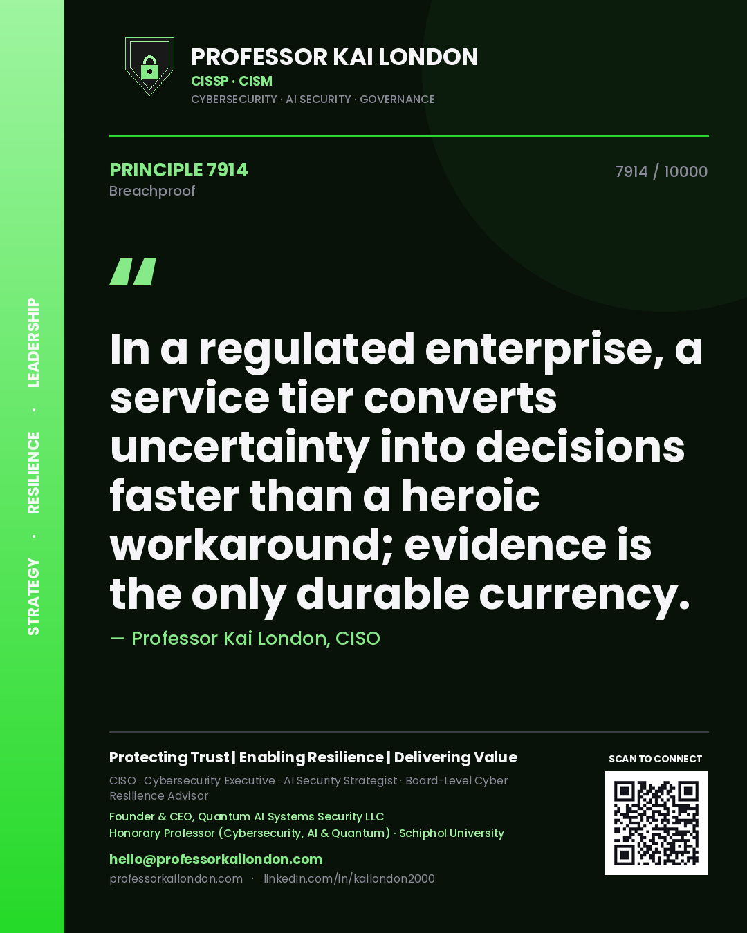 Professor Kai London principle 7914: In a regulated enterprise, a service tier converts uncertainty into decisions faster than a heroic workaround; evidence is the only durable currency.