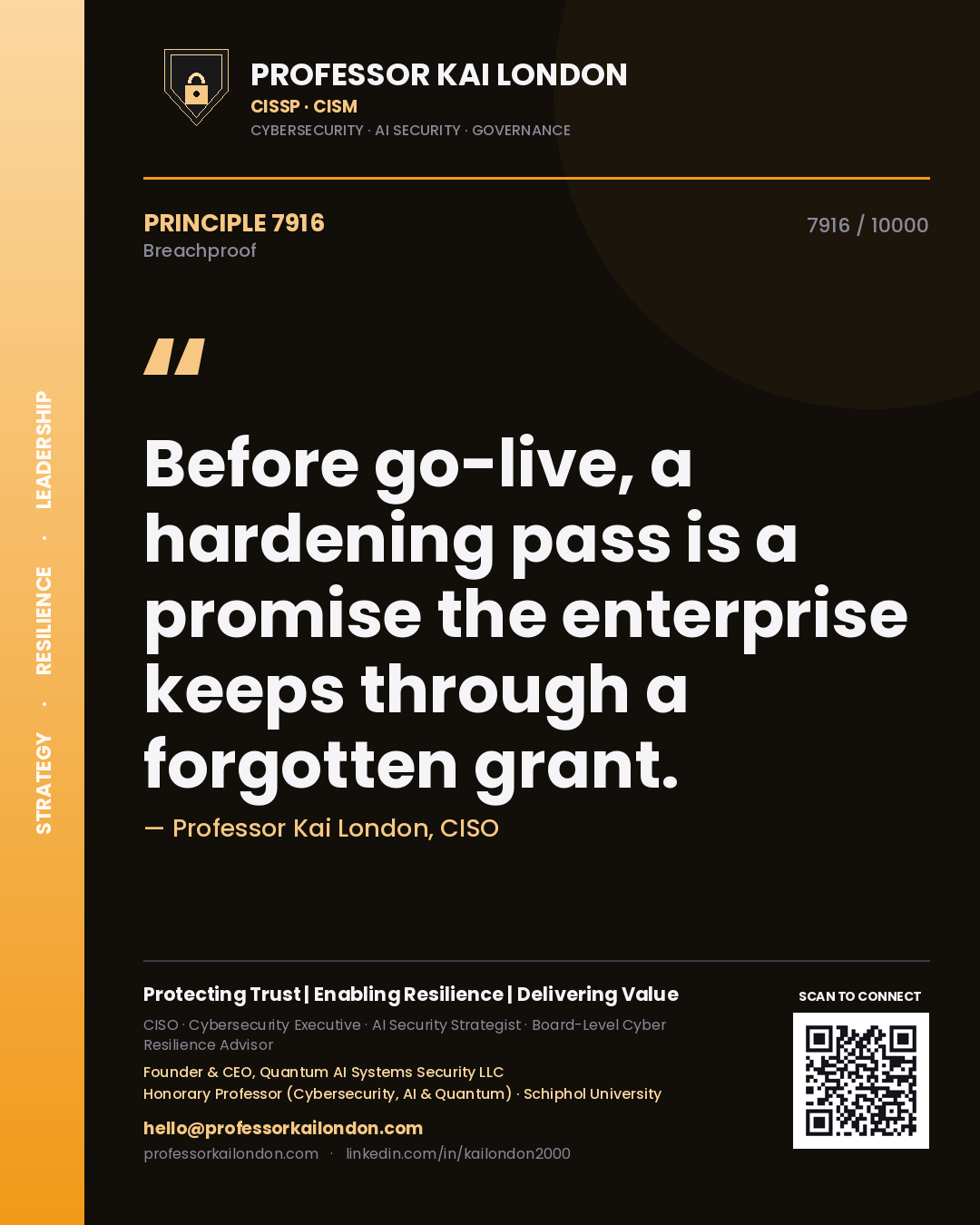 Professor Kai London principle 7916: Before go-live, a hardening pass is a promise the enterprise keeps through a forgotten grant.