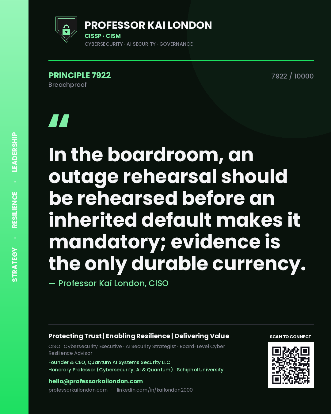 Professor Kai London principle 7922: In the boardroom, an outage rehearsal should be rehearsed before an inherited default makes it mandatory; evidence is the only durable currency.