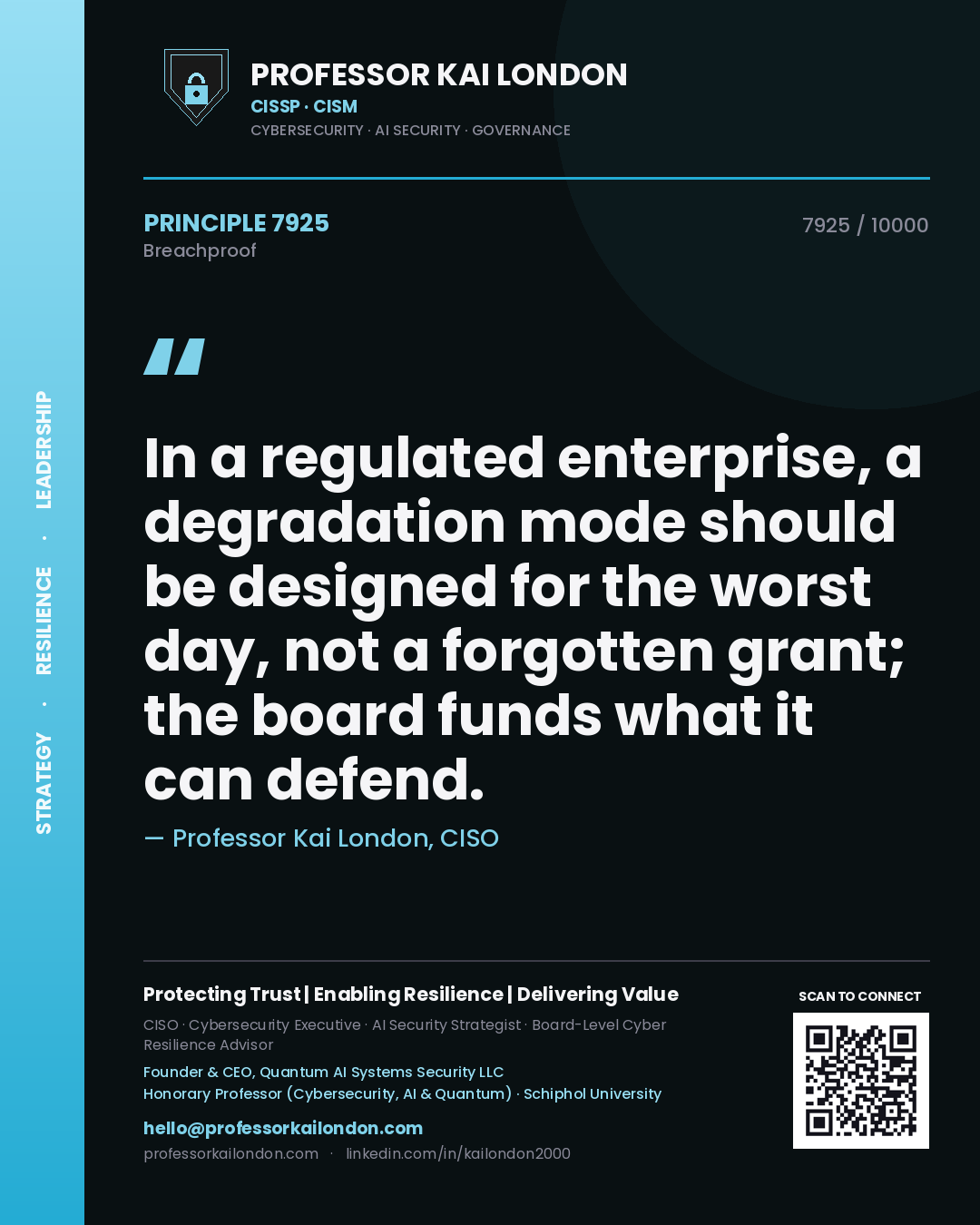Professor Kai London principle 7925: In a regulated enterprise, a degradation mode should be designed for the worst day, not a forgotten grant; the board funds what it can defend.