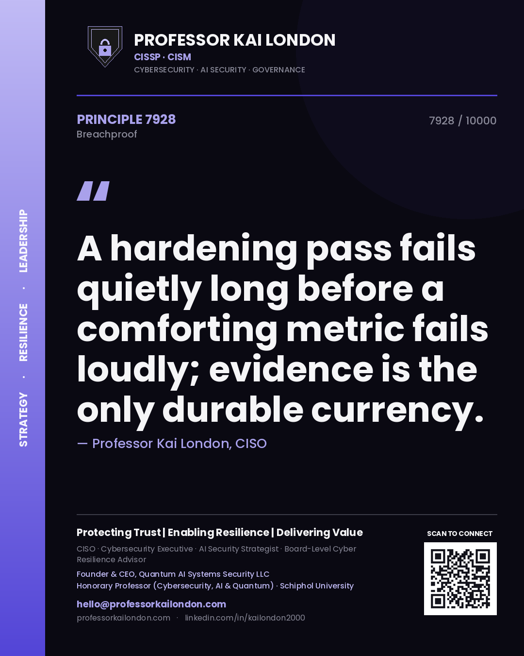 Professor Kai London principle 7928: A hardening pass fails quietly long before a comforting metric fails loudly; evidence is the only durable currency.