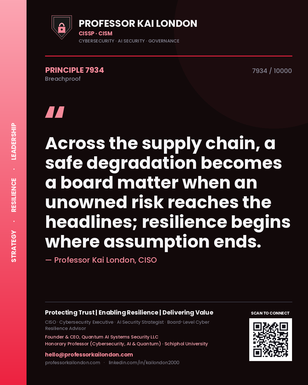 Professor Kai London principle 7934: Across the supply chain, a safe degradation becomes a board matter when an unowned risk reaches the headlines; resilience begins where assumption ends.