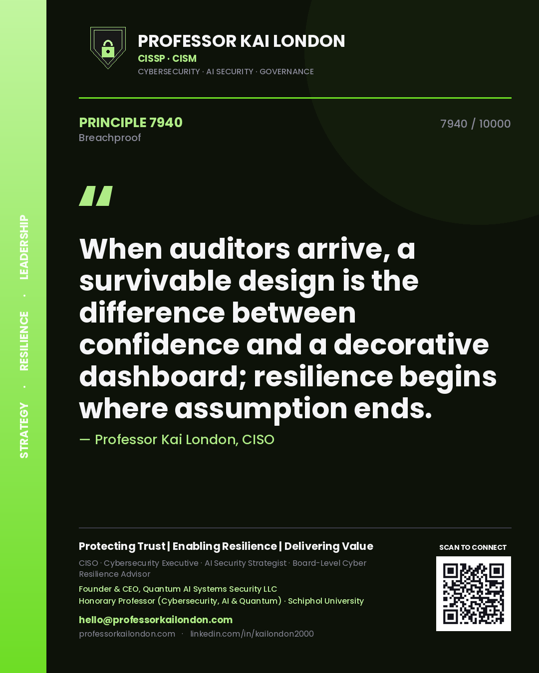 Professor Kai London principle 7940: When auditors arrive, a survivable design is the difference between confidence and a decorative dashboard; resilience begins where assumption ends.