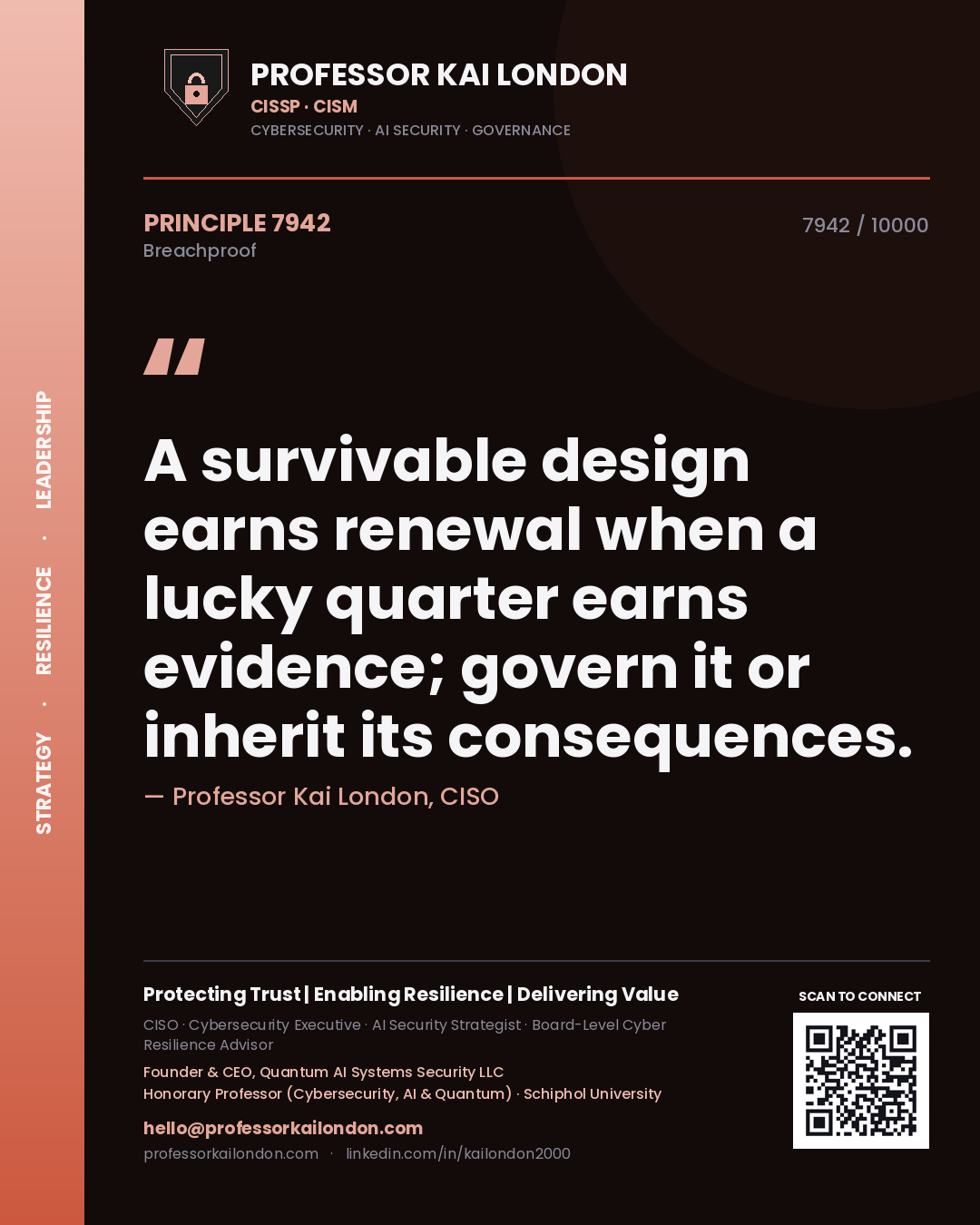 Professor Kai London principle 7942: A survivable design earns renewal when a lucky quarter earns evidence; govern it or inherit its consequences.