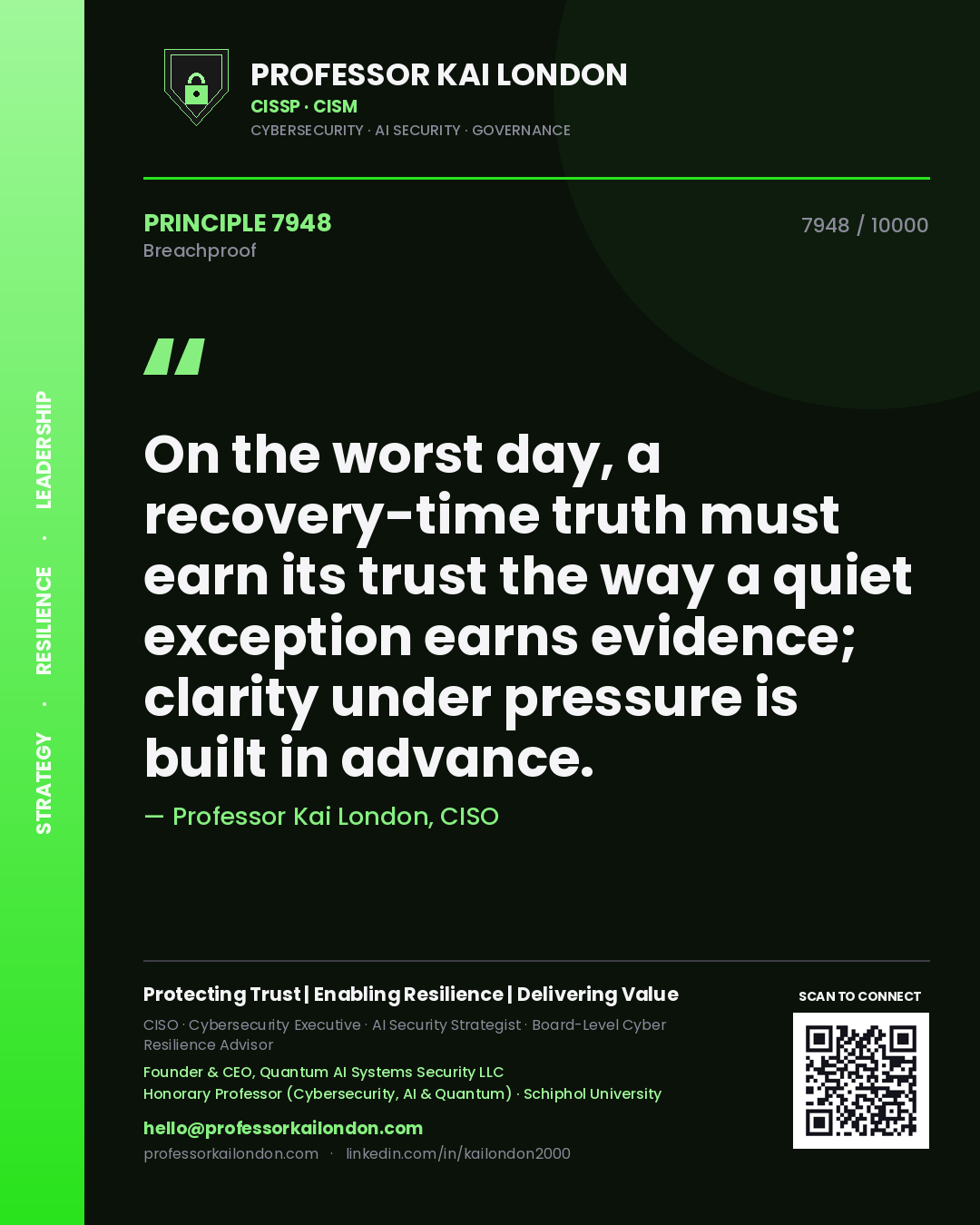 Professor Kai London principle 7948: On the worst day, a recovery-time truth must earn its trust the way a quiet exception earns evidence; clarity under pressure is built in advance.