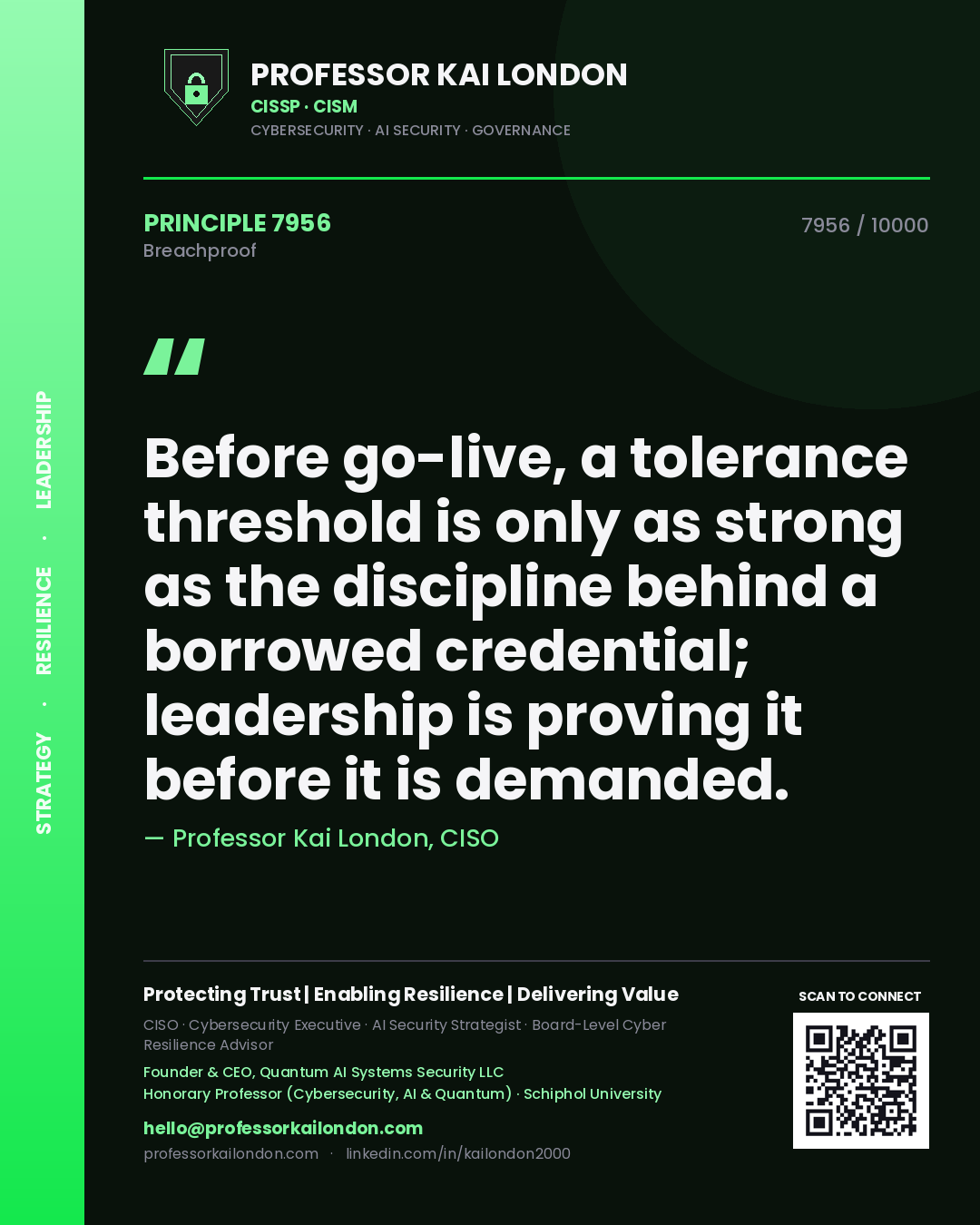 Professor Kai London principle 7956: Before go-live, a tolerance threshold is only as strong as the discipline behind a borrowed credential; leadership is proving it before it is demanded.