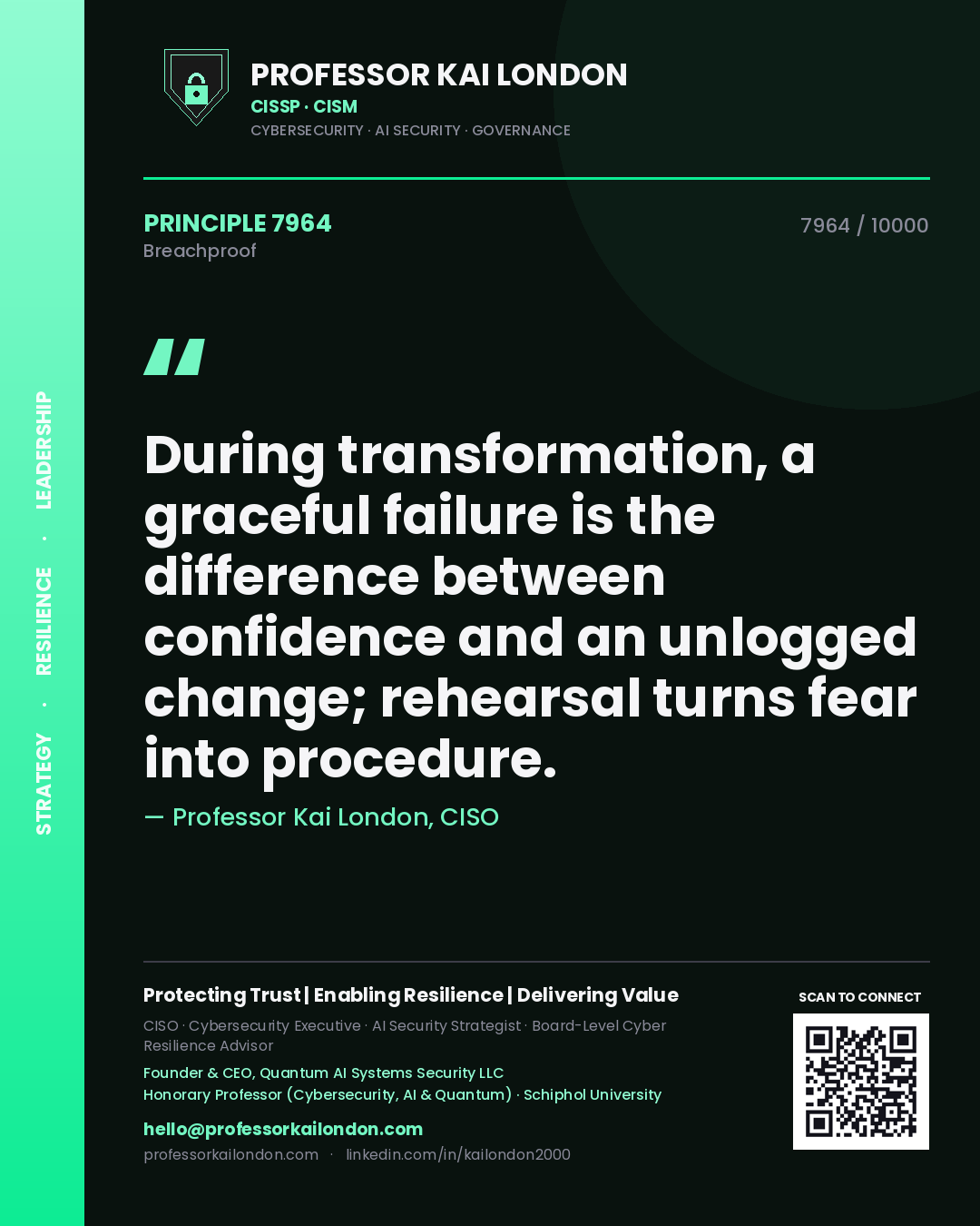 Professor Kai London principle 7964: During transformation, a graceful failure is the difference between confidence and an unlogged change; rehearsal turns fear into procedure.