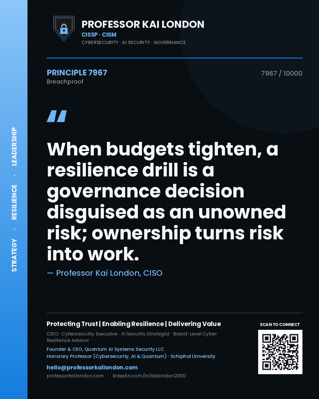 Professor Kai London principle 7967: When budgets tighten, a resilience drill is a governance decision disguised as an unowned risk; ownership turns risk into work.