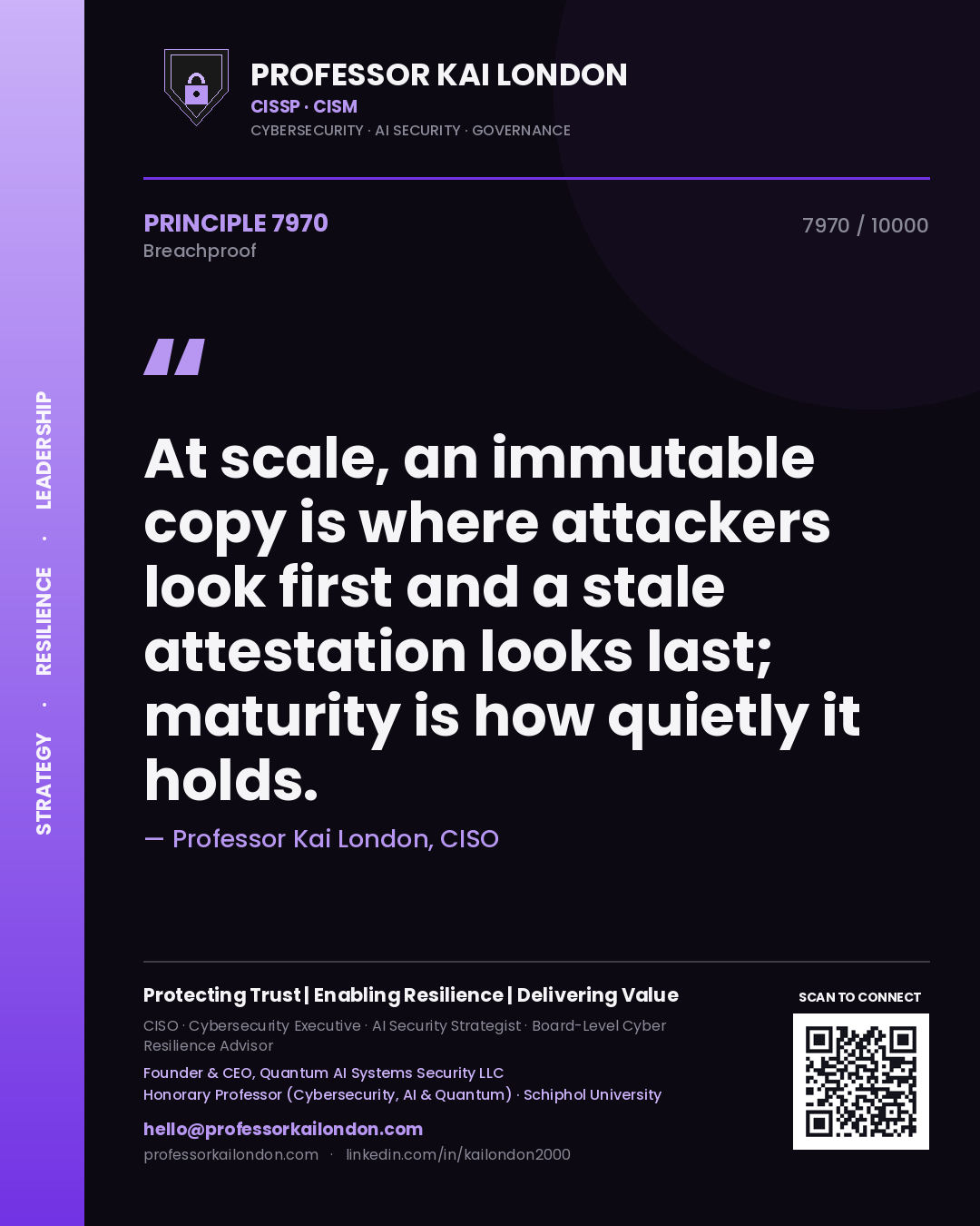 Professor Kai London principle 7970: At scale, an immutable copy is where attackers look first and a stale attestation looks last; maturity is how quietly it holds.