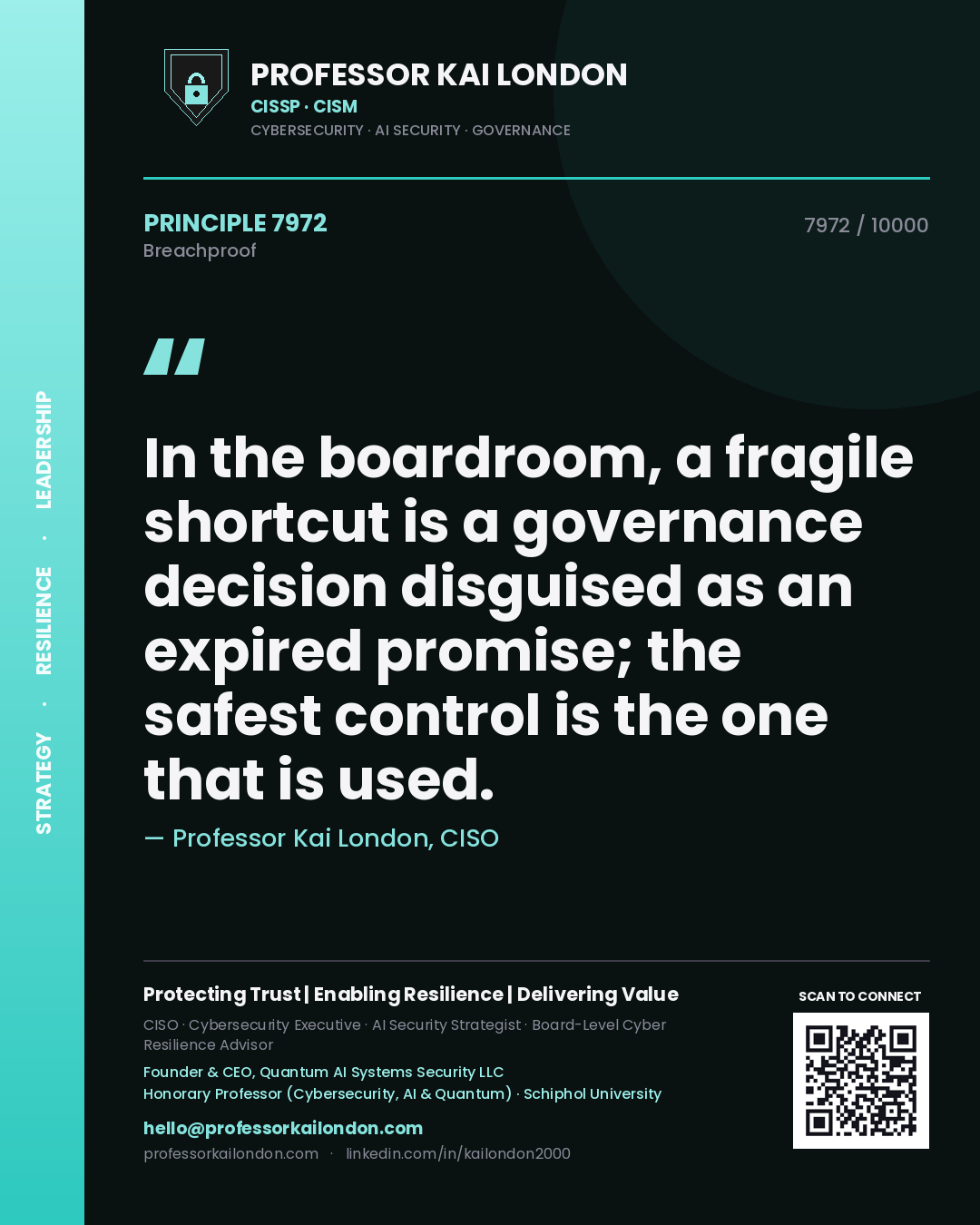 Professor Kai London principle 7972: In the boardroom, a fragile shortcut is a governance decision disguised as an expired promise; the safest control is the one that is used.