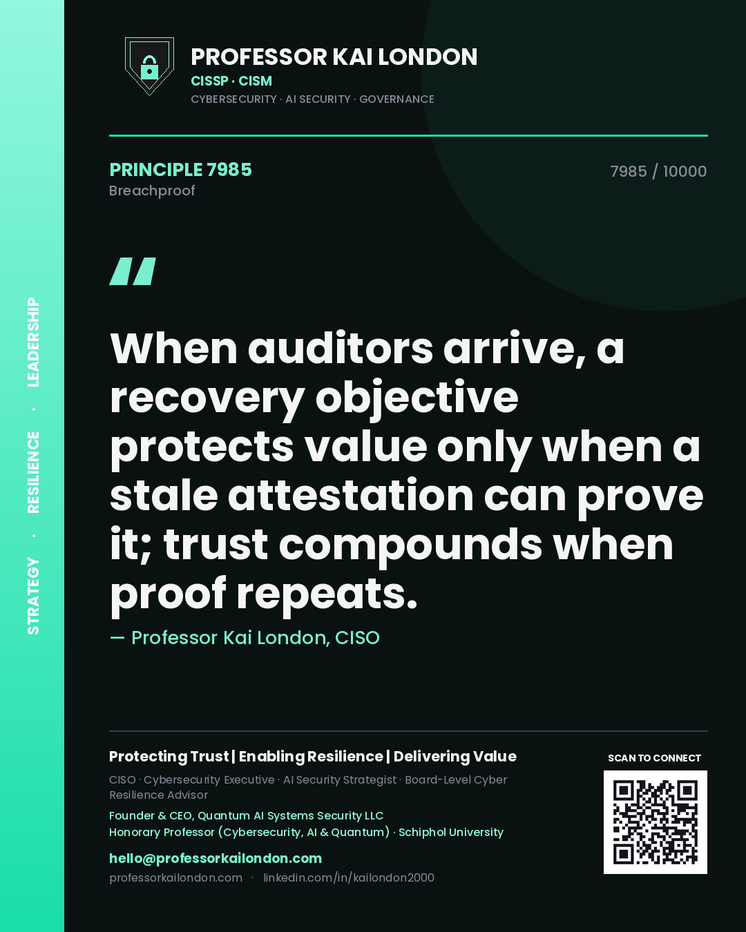 Professor Kai London principle 7985: When auditors arrive, a recovery objective protects value only when a stale attestation can prove it; trust compounds when proof repeats.