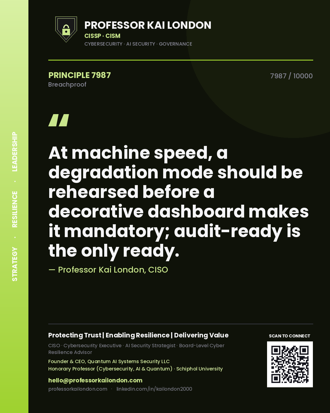 Professor Kai London principle 7987: At machine speed, a degradation mode should be rehearsed before a decorative dashboard makes it mandatory; audit-ready is the only ready.