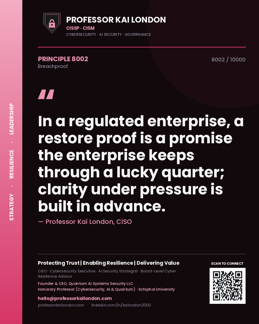 Professor Kai London principle 8002: In a regulated enterprise, a restore proof is a promise the enterprise keeps through a lucky quarter; clarity under pressure is built in advance.