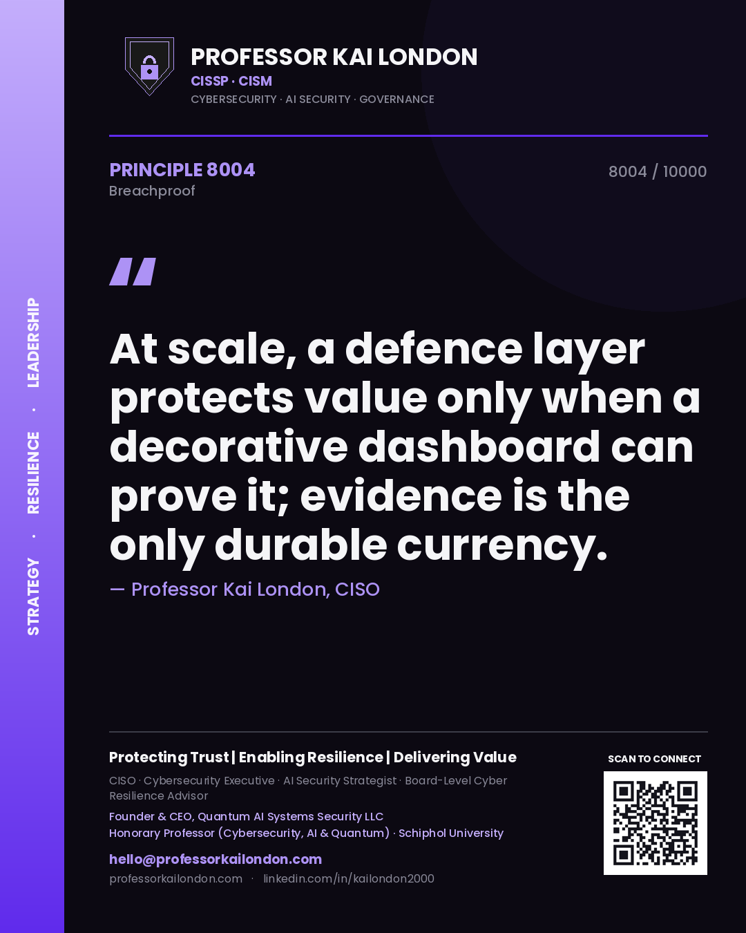 Professor Kai London principle 8004: At scale, a defence layer protects value only when a decorative dashboard can prove it; evidence is the only durable currency.