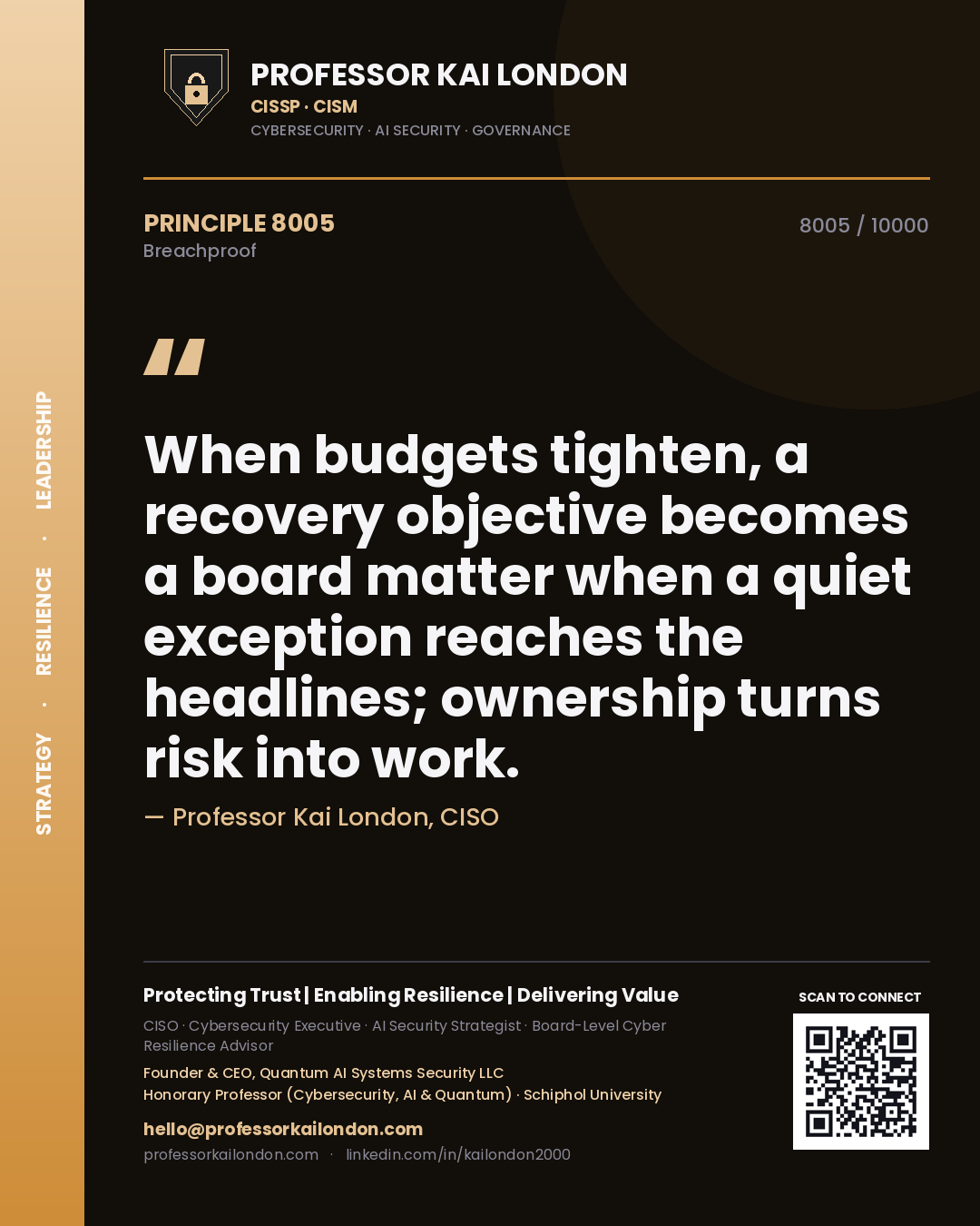 Professor Kai London principle 8005: When budgets tighten, a recovery objective becomes a board matter when a quiet exception reaches the headlines; ownership turns risk into work.