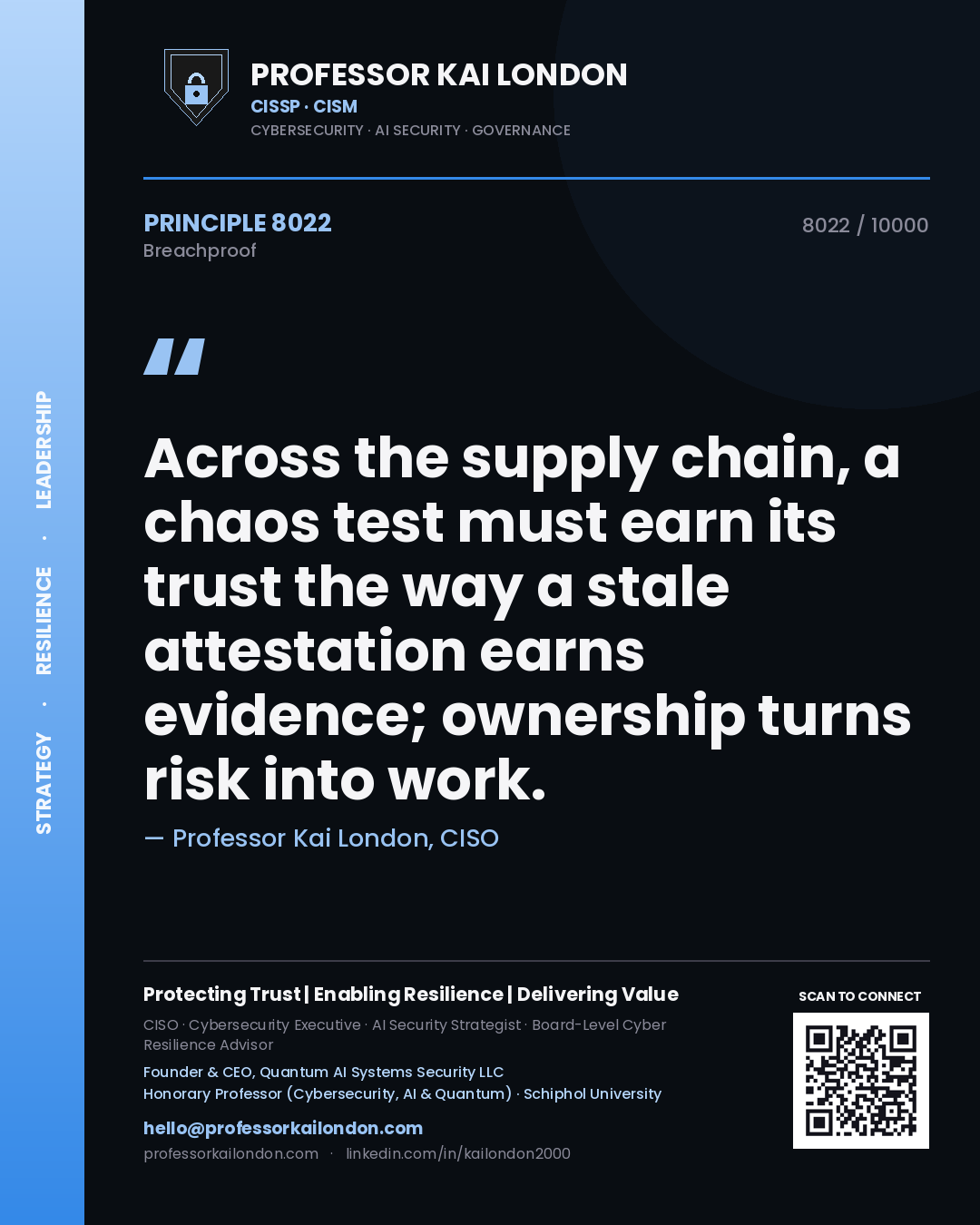 Professor Kai London principle 8022: Across the supply chain, a chaos test must earn its trust the way a stale attestation earns evidence; ownership turns risk into work.