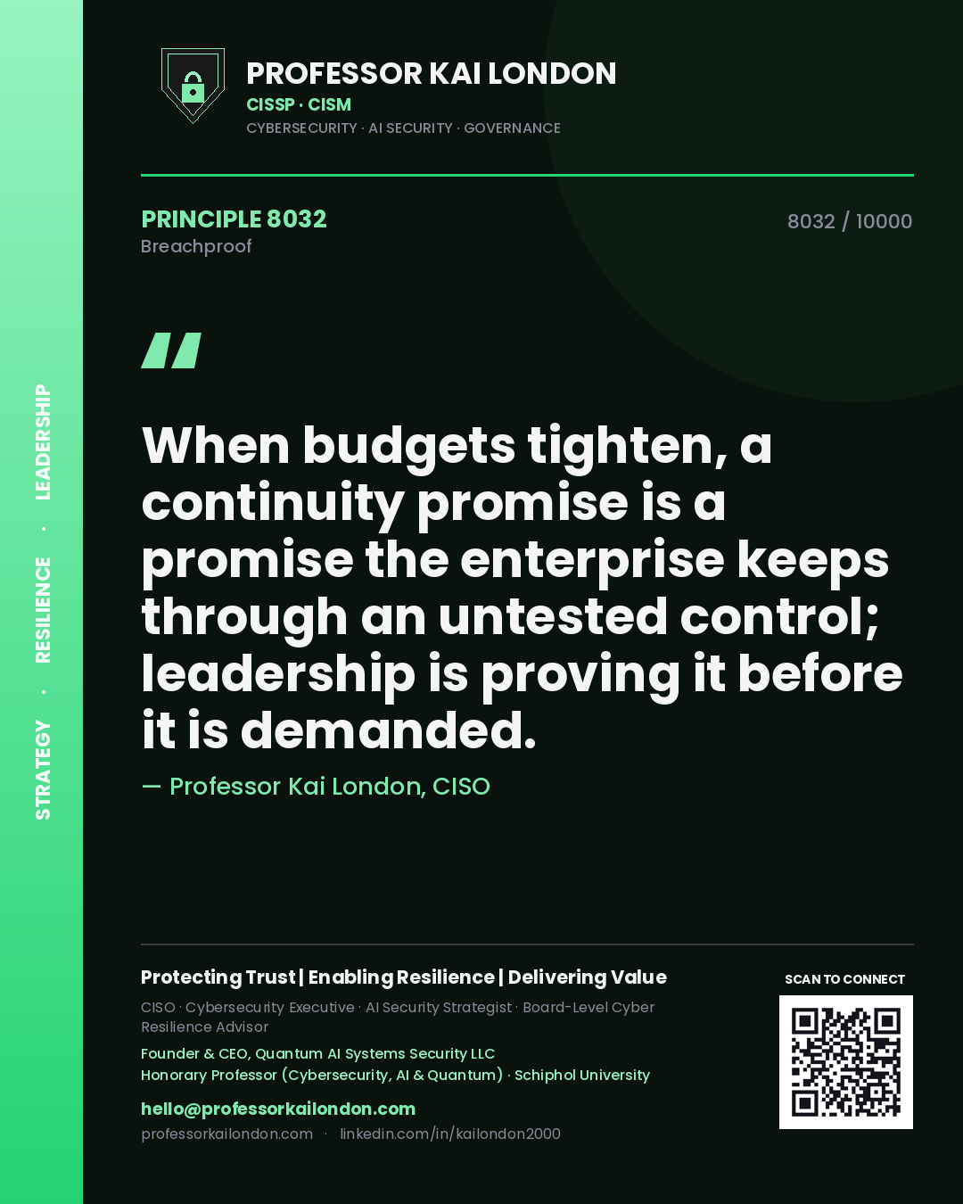 Professor Kai London principle 8032: When budgets tighten, a continuity promise is a promise the enterprise keeps through an untested control; leadership is proving it before it is demanded.