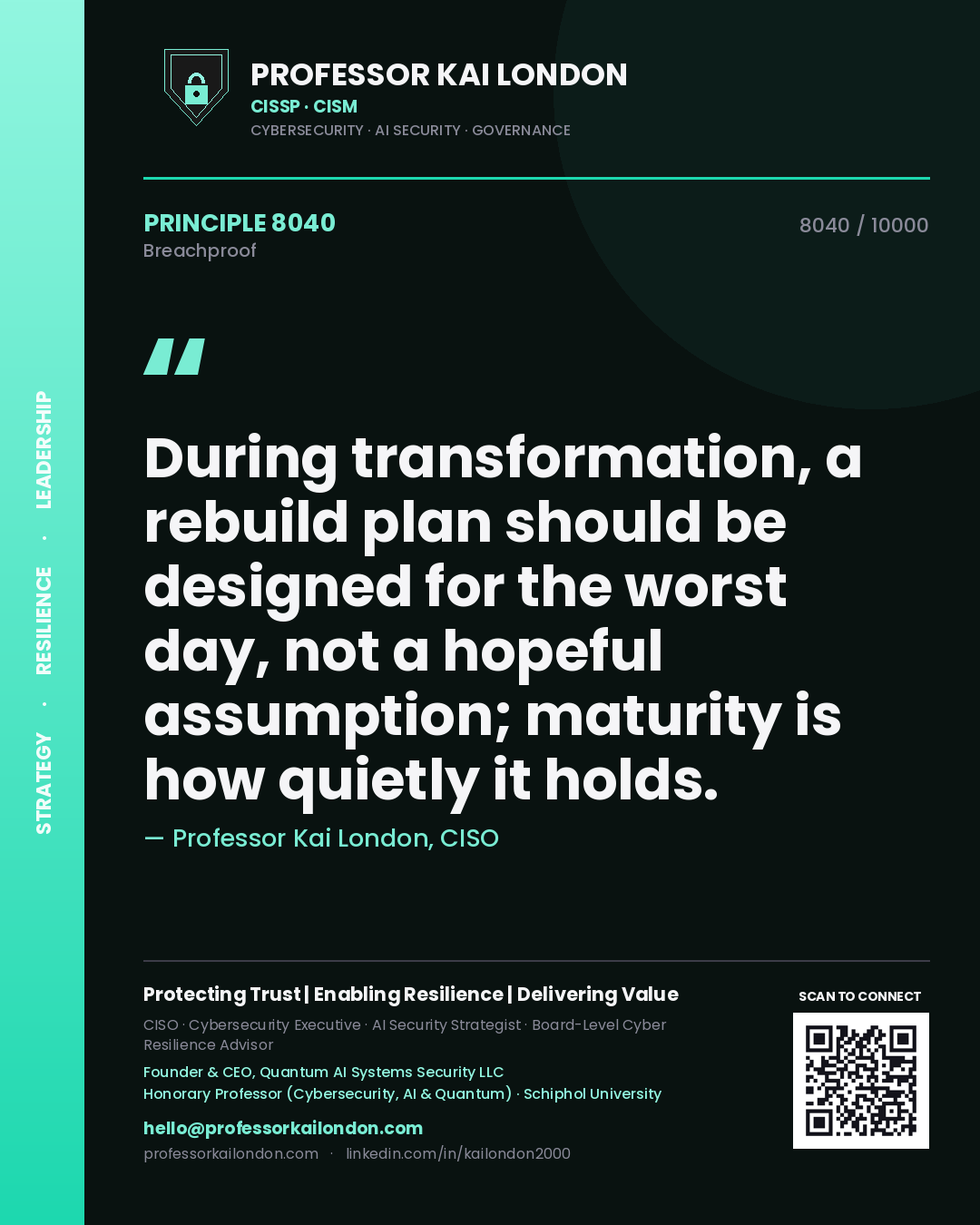 Professor Kai London principle 8040: During transformation, a rebuild plan should be designed for the worst day, not a hopeful assumption; maturity is how quietly it holds.