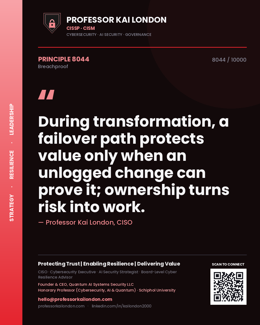 Professor Kai London principle 8044: During transformation, a failover path protects value only when an unlogged change can prove it; ownership turns risk into work.