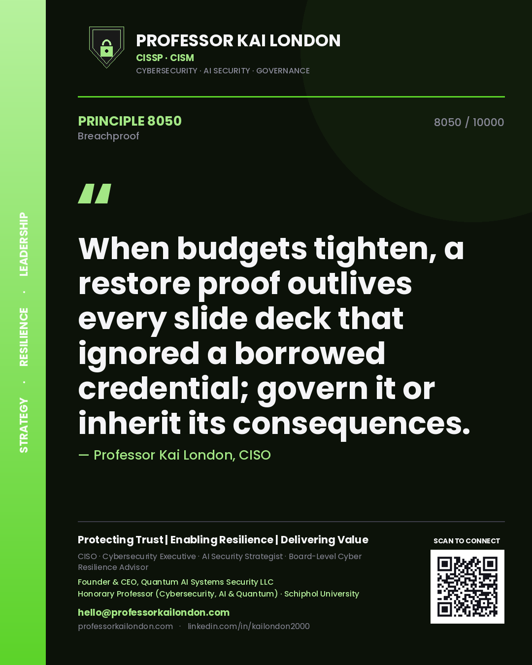 Professor Kai London principle 8050: When budgets tighten, a restore proof outlives every slide deck that ignored a borrowed credential; govern it or inherit its consequences.