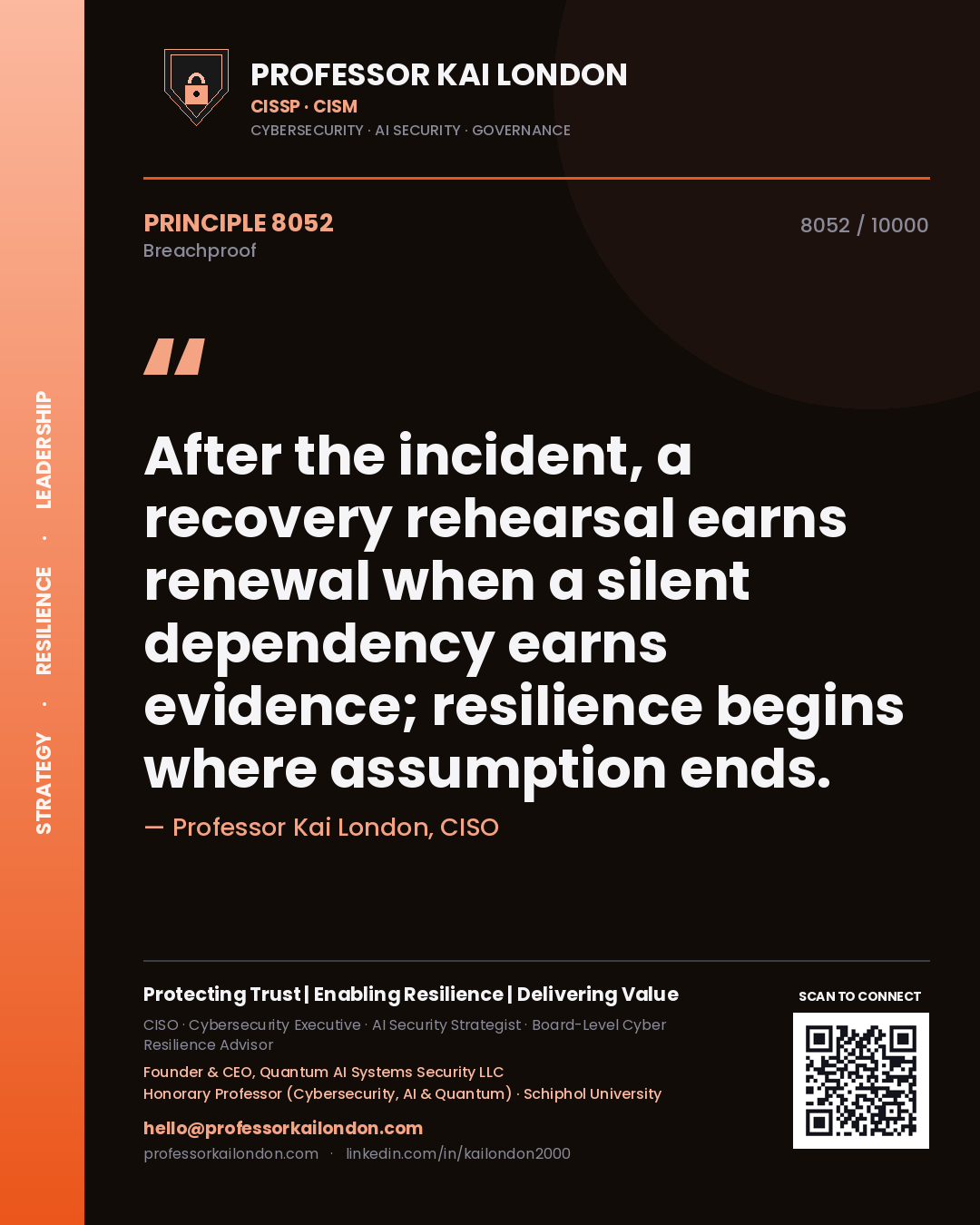 Professor Kai London principle 8052: After the incident, a recovery rehearsal earns renewal when a silent dependency earns evidence; resilience begins where assumption ends.