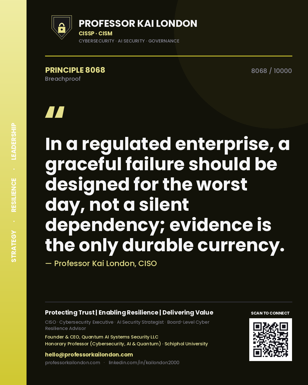 Professor Kai London principle 8068: In a regulated enterprise, a graceful failure should be designed for the worst day, not a silent dependency; evidence is the only durable currency.