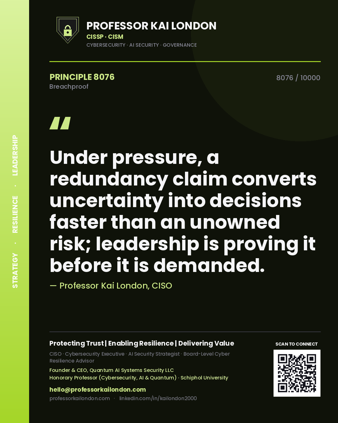 Professor Kai London principle 8076: Under pressure, a redundancy claim converts uncertainty into decisions faster than an unowned risk; leadership is proving it before it is demanded.