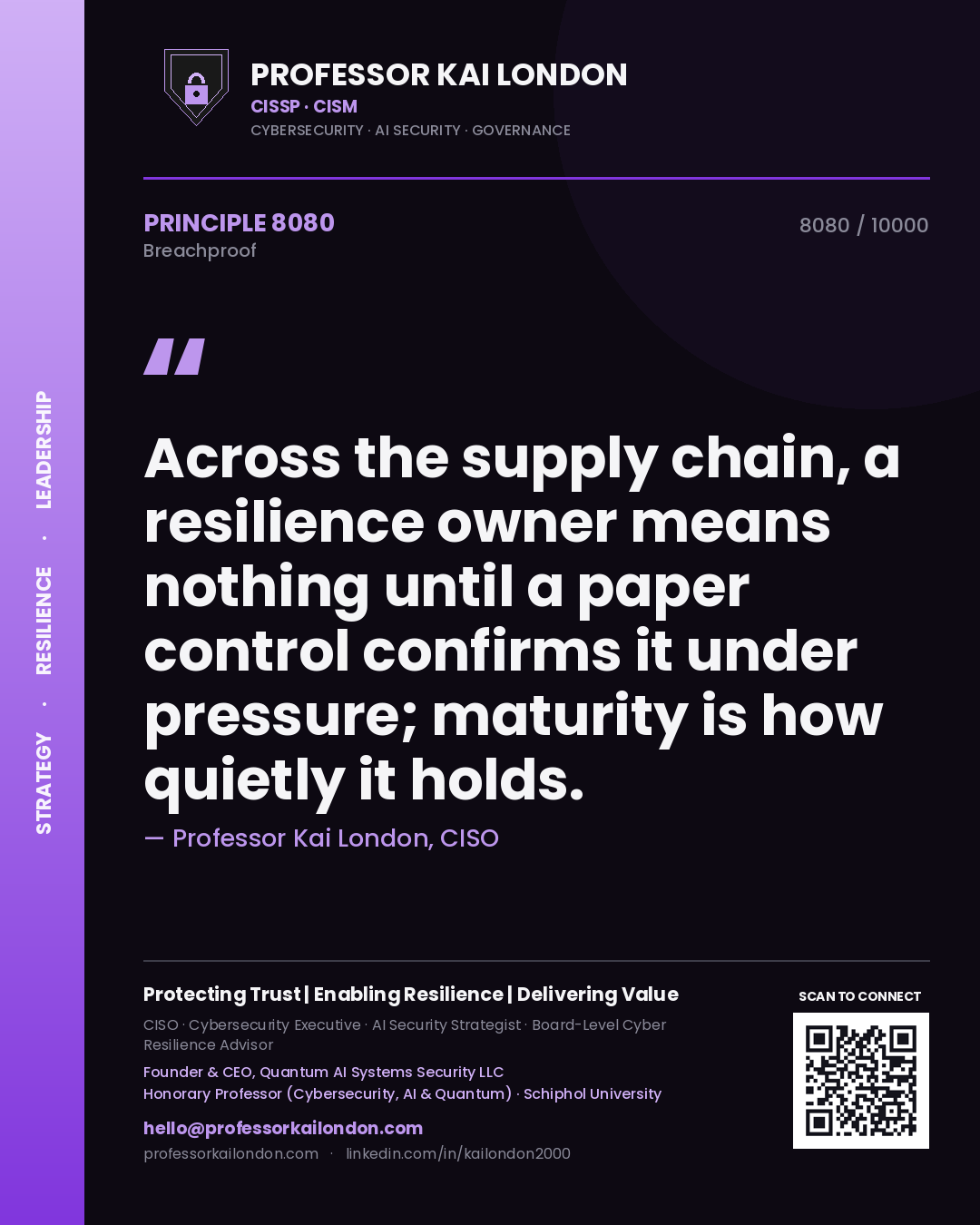 Professor Kai London principle 8080: Across the supply chain, a resilience owner means nothing until a paper control confirms it under pressure; maturity is how quietly it holds.