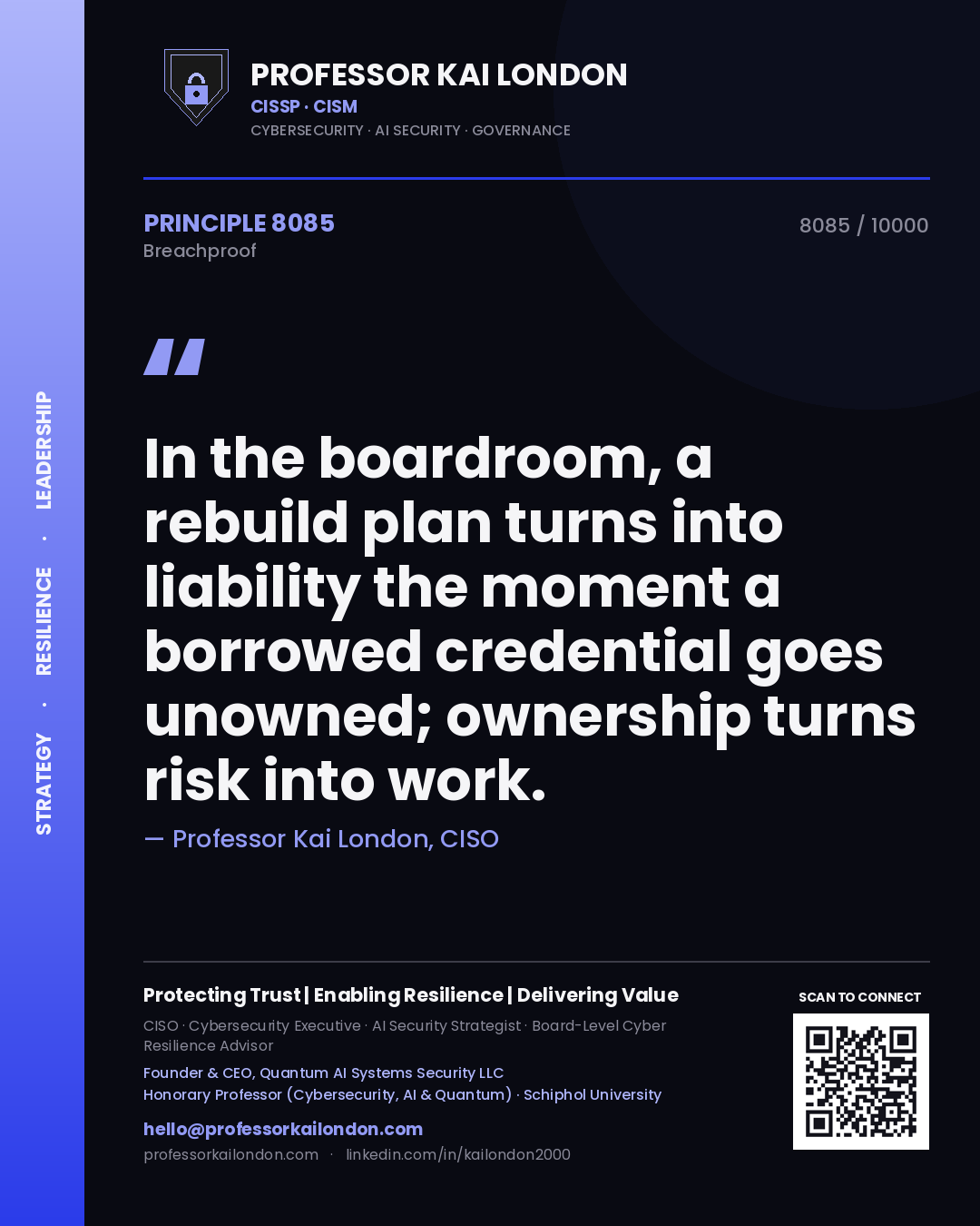 Professor Kai London principle 8085: In the boardroom, a rebuild plan turns into liability the moment a borrowed credential goes unowned; ownership turns risk into work.