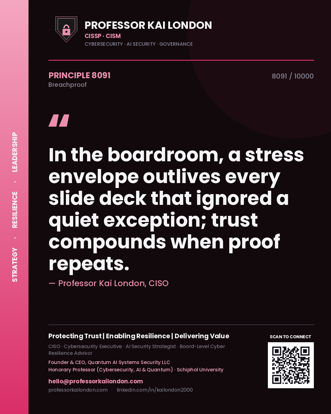Professor Kai London principle 8091: In the boardroom, a stress envelope outlives every slide deck that ignored a quiet exception; trust compounds when proof repeats.