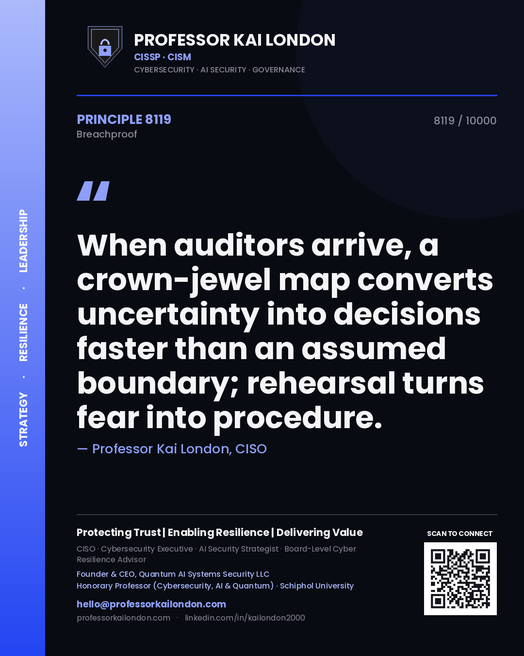Professor Kai London principle 8119: When auditors arrive, a crown-jewel map converts uncertainty into decisions faster than an assumed boundary; rehearsal turns fear into procedure.