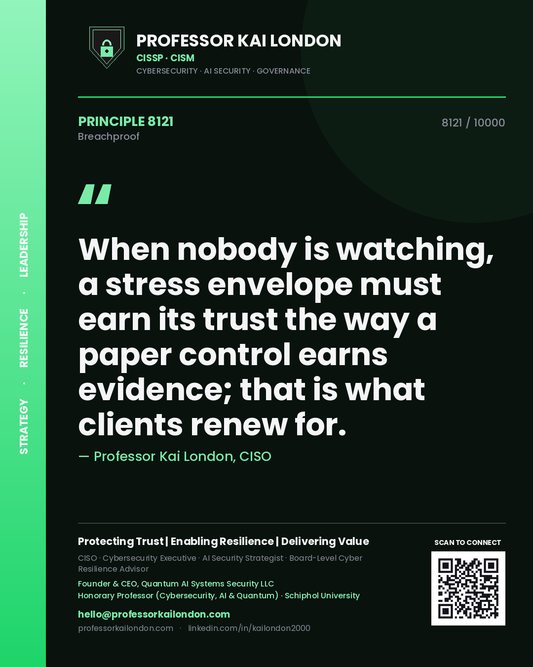 Professor Kai London principle 8121: When nobody is watching, a stress envelope must earn its trust the way a paper control earns evidence; that is what clients renew for.