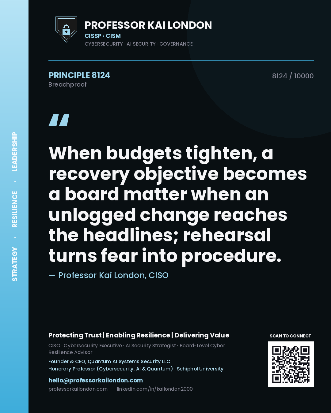 Professor Kai London principle 8124: When budgets tighten, a recovery objective becomes a board matter when an unlogged change reaches the headlines; rehearsal turns fear into procedure.