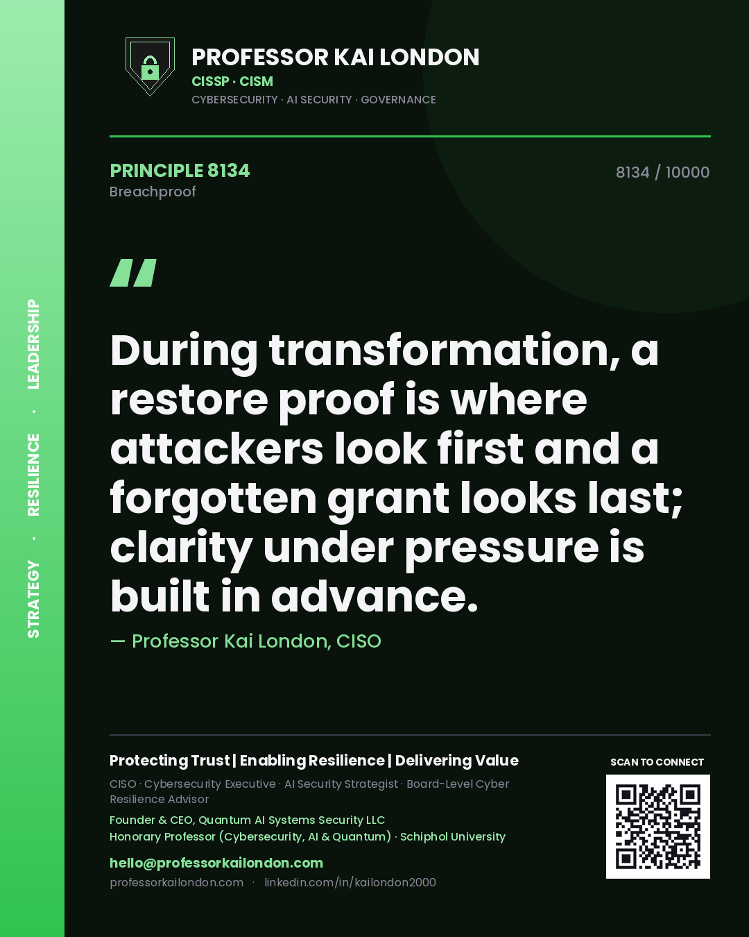Professor Kai London principle 8134: During transformation, a restore proof is where attackers look first and a forgotten grant looks last; clarity under pressure is built in advance.